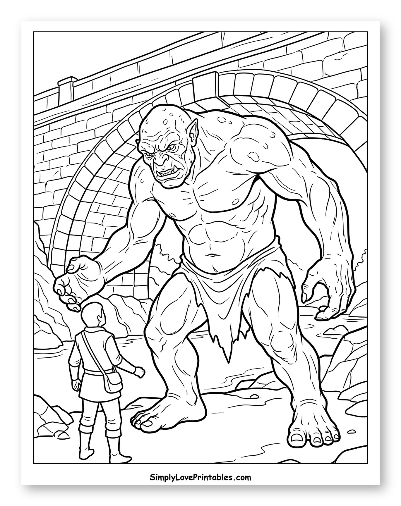 Giant Troll Confronting a Small Human by a Bridge