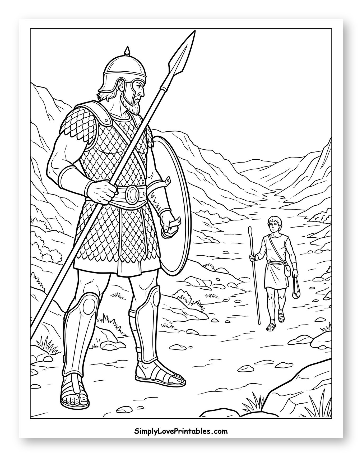 Giant Warrior and Shepherd Boy in Valley Coloring Page