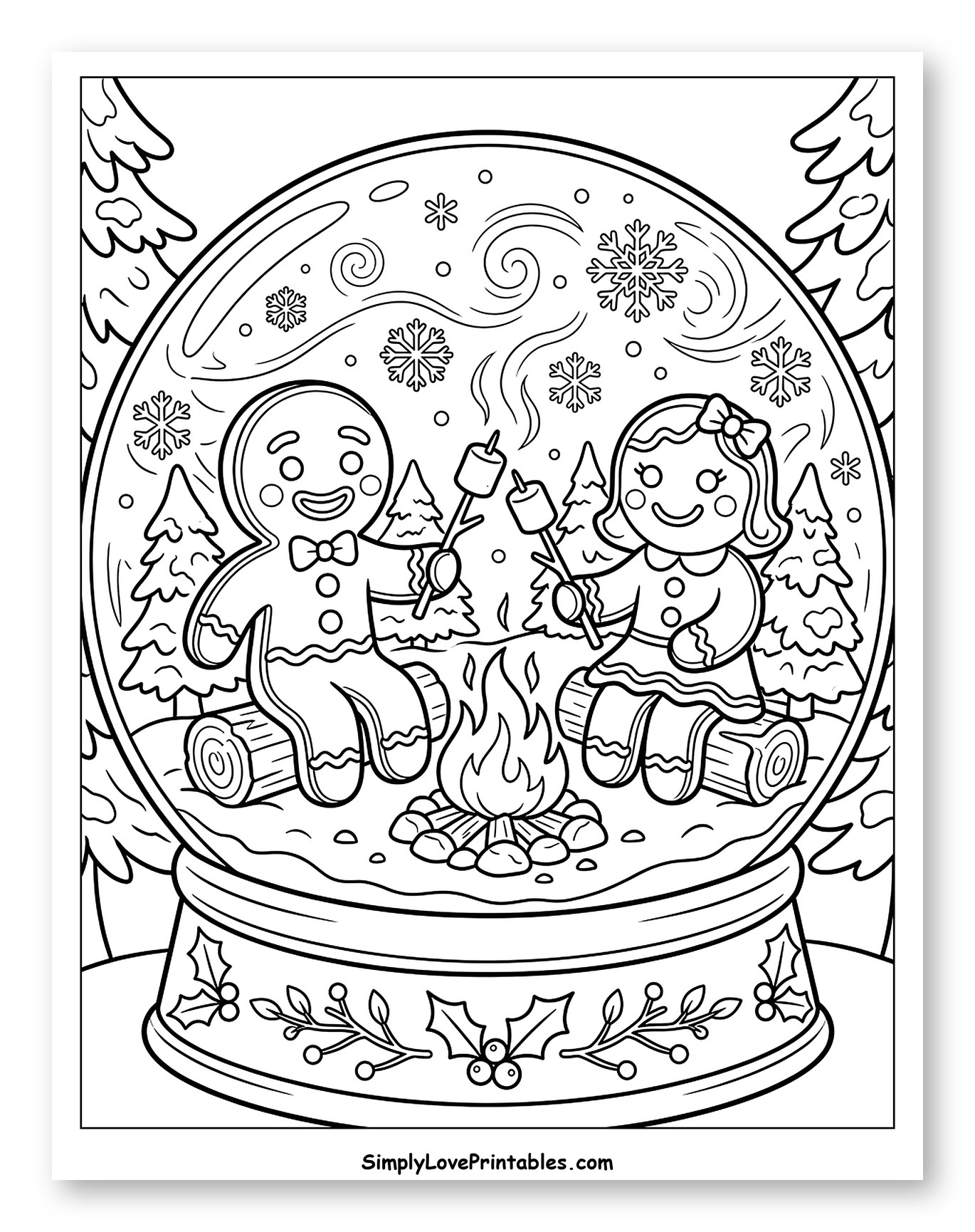 Gingerbread Couple Roasting Marshmallows in a Snow Globe Coloring Sheet for Kids