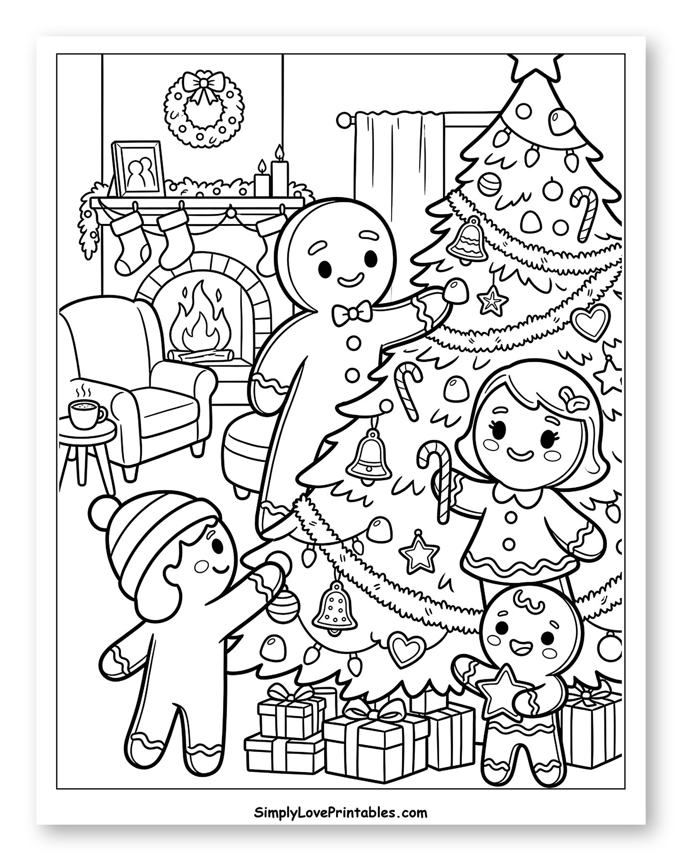 Gingerbread Family Decorating the Christmas Tree Coloring Sheet for Kids