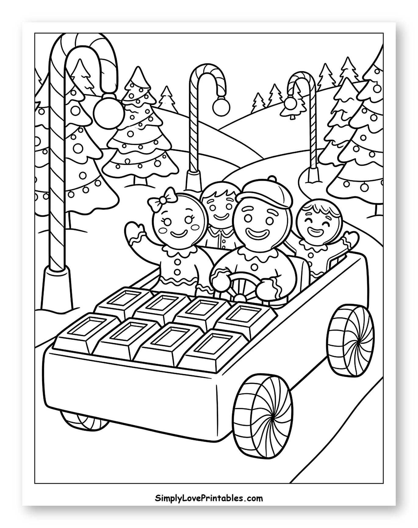 Gingerbread Family Driving a Chocolate Bar Car to Color for Kids