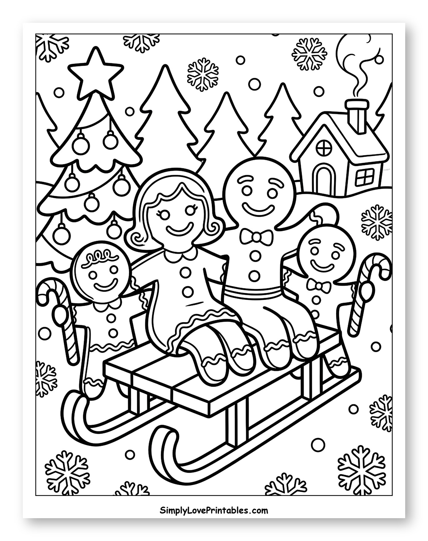 Gingerbread Family Riding a Wooden Sled Coloring Sheet for Toddlers