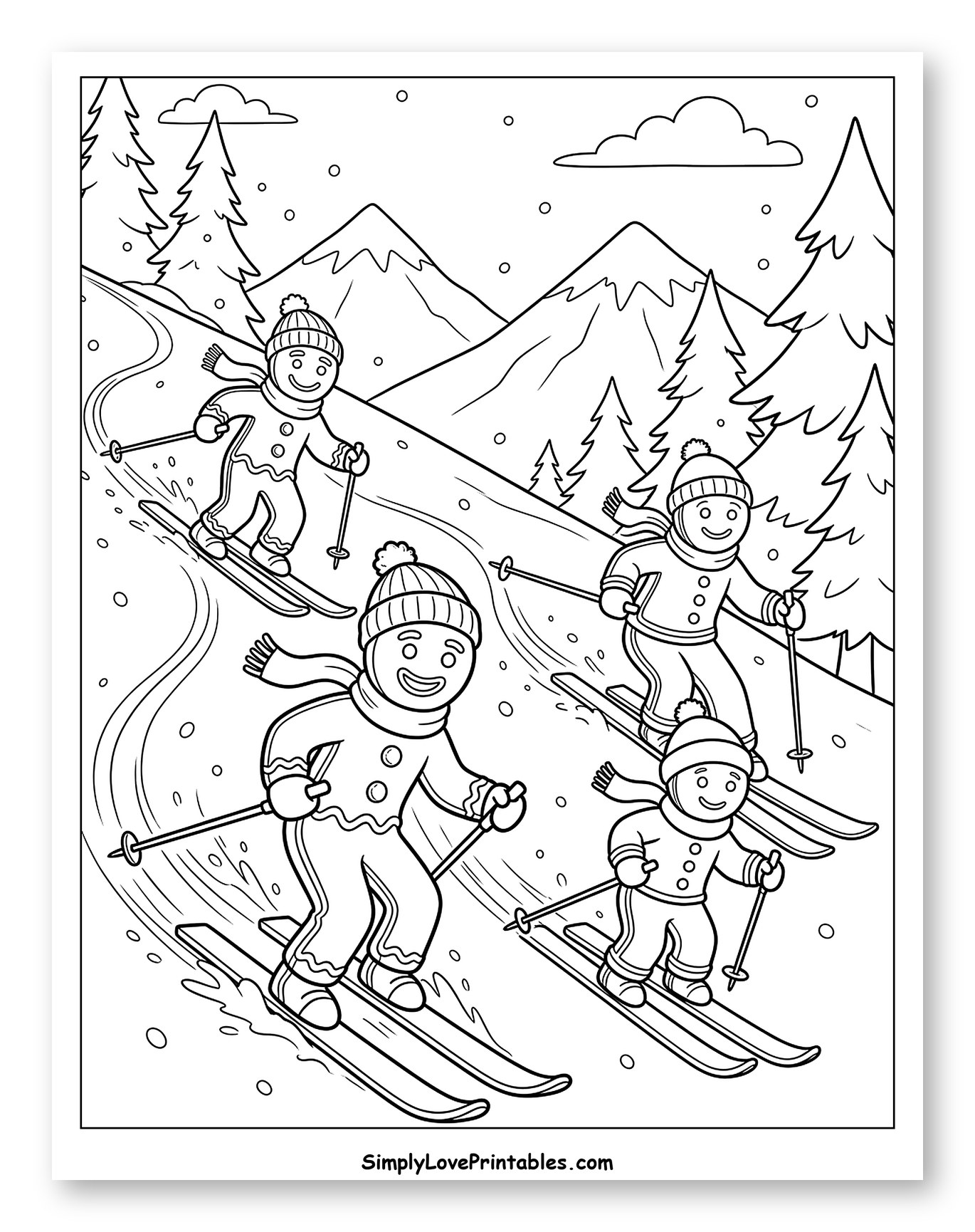 Gingerbread Family Skiing on a Snowy Slope