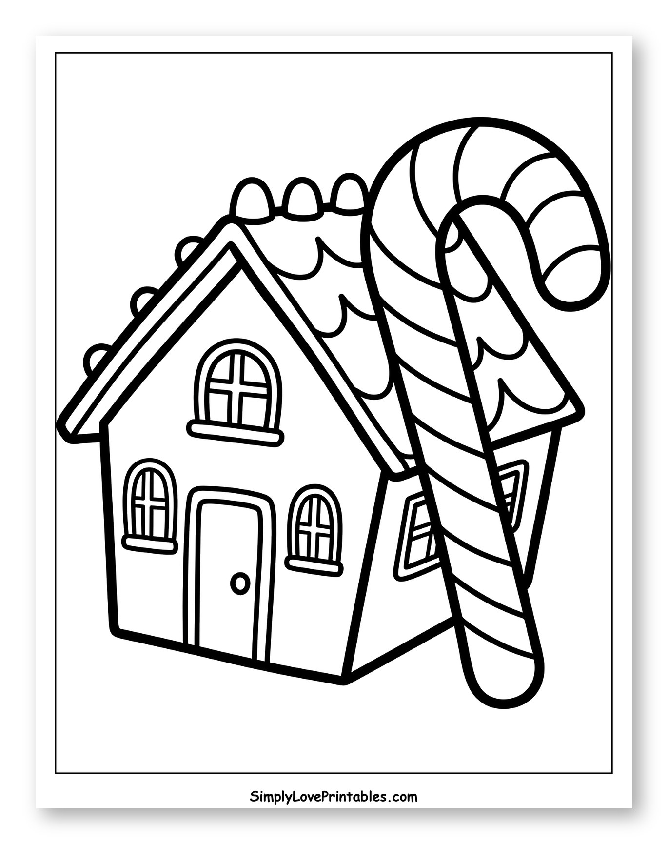 Gingerbread House with Giant Candy Cane to Color for Toddlers