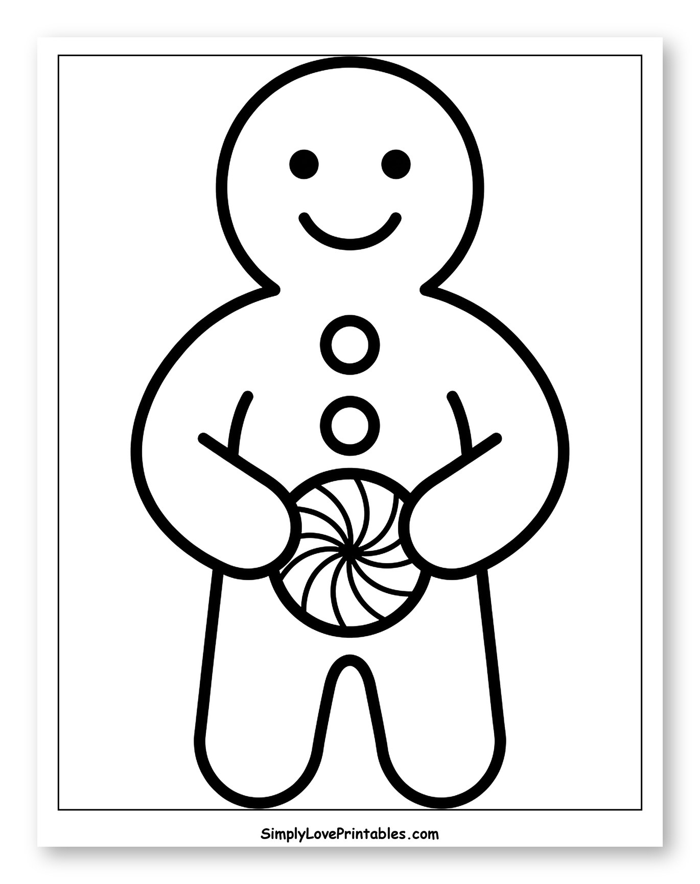 Gingerbread Man Holding Swirled Peppermint Candy to Color for Toddlers