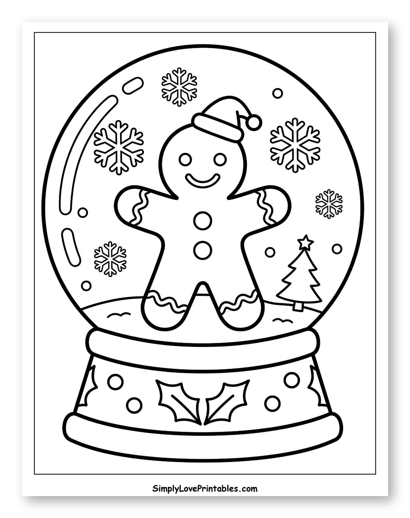 Gingerbread Man in a Festive Snow Globe to Color for Toddlers
