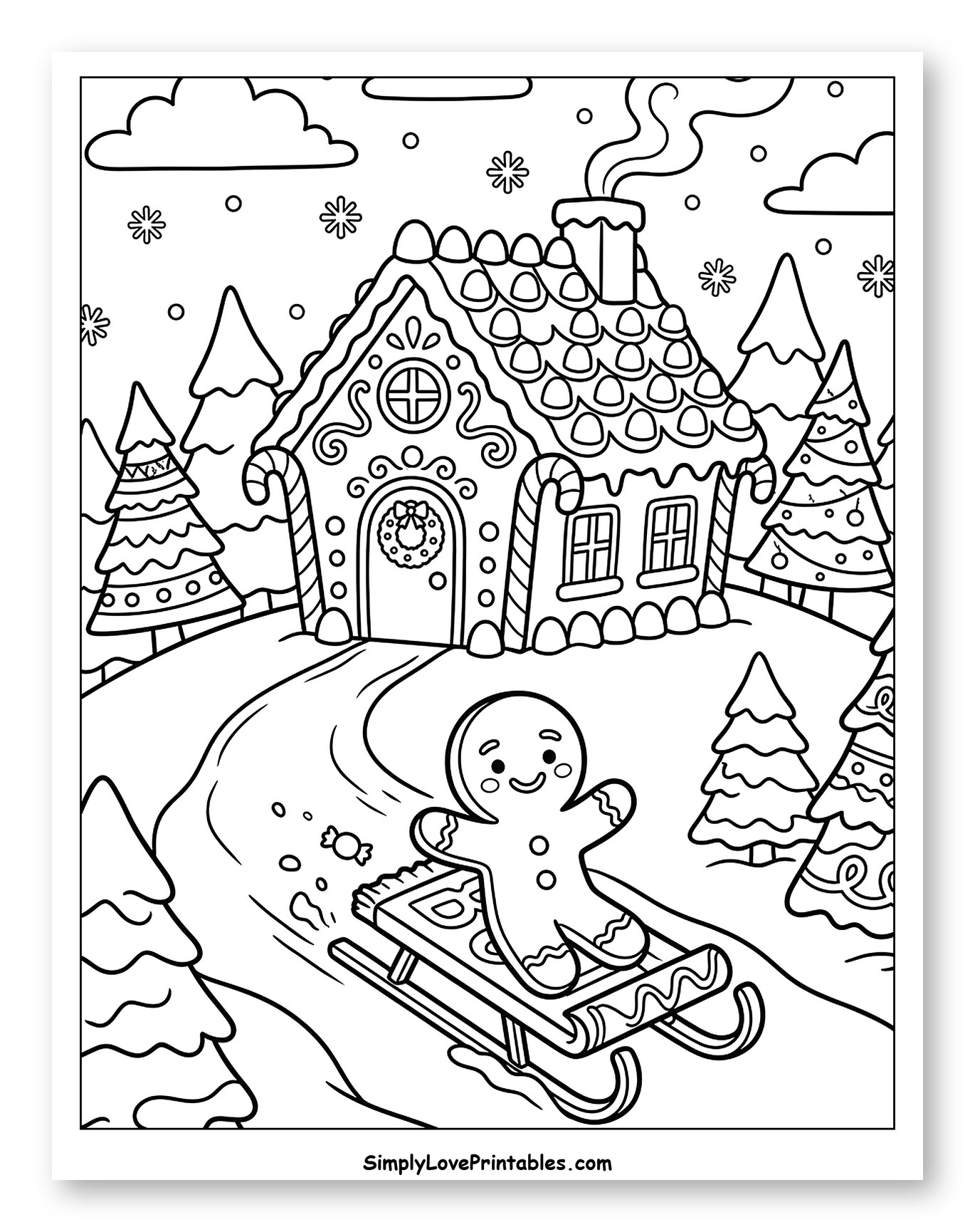 Gingerbread Man Sledding by a Gingerbread House Coloring Page for Kids