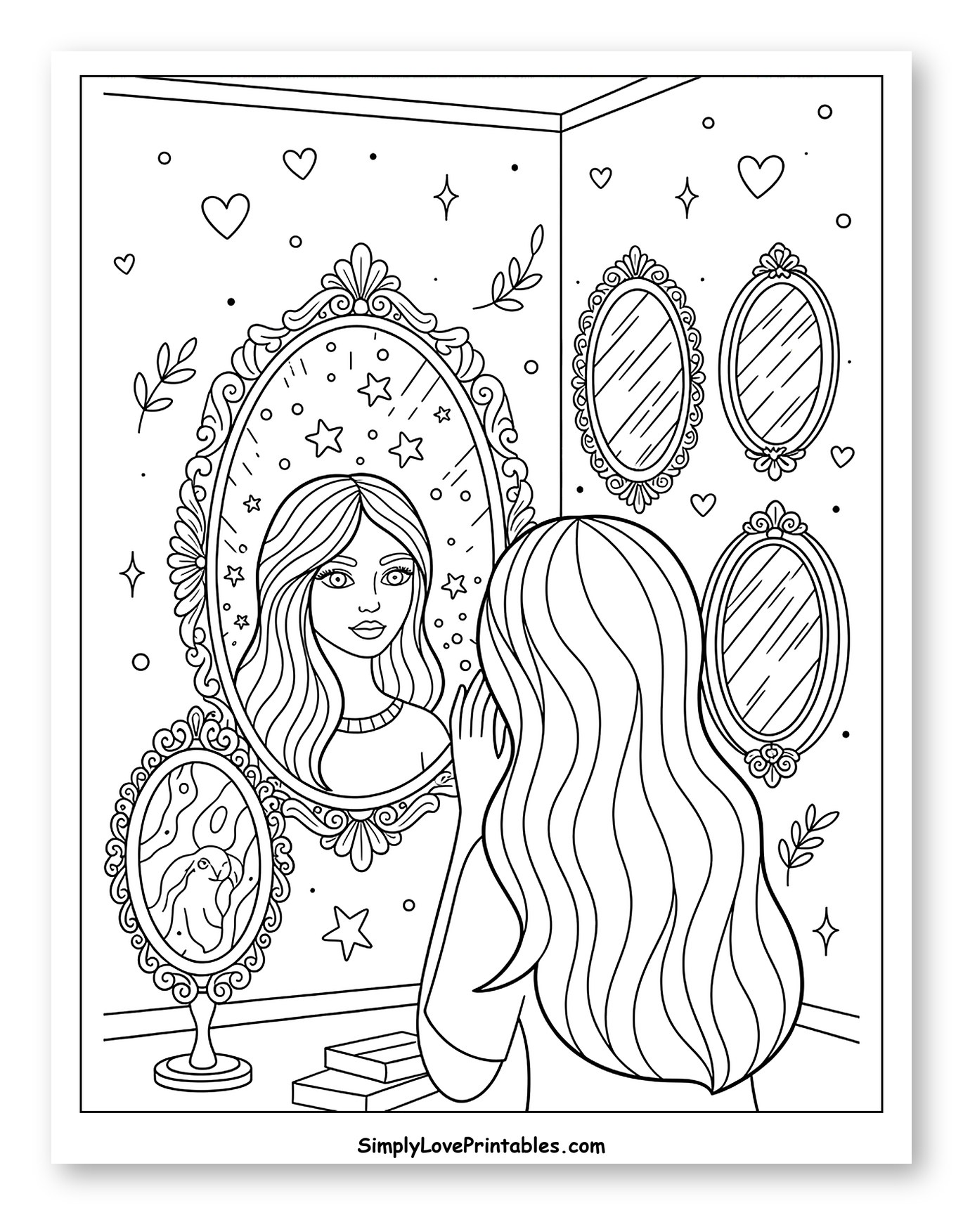 Girl Admiring Herself in a Mirror to Color for Adults