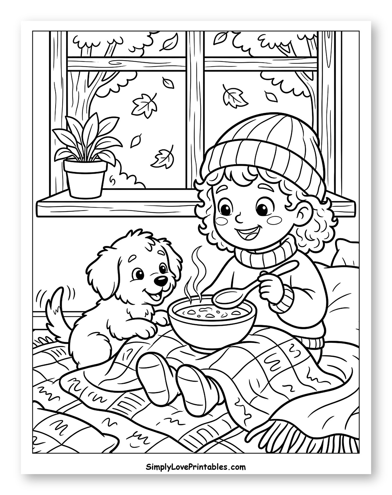 Girl and Dog Enjoying Warm Autumn Soup to Color for Kids