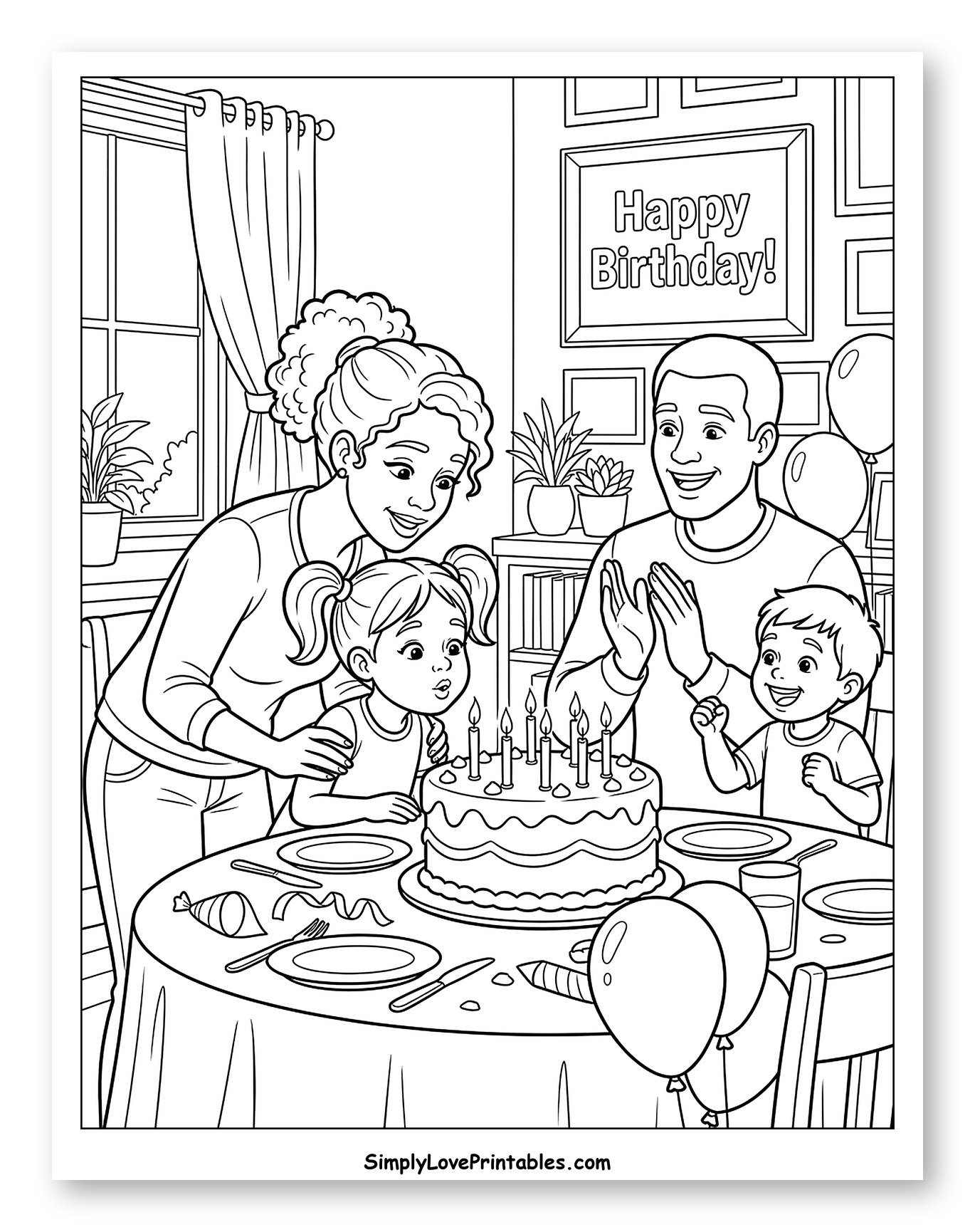 Girl Blowing Out Birthday Cake Candles Coloring Page