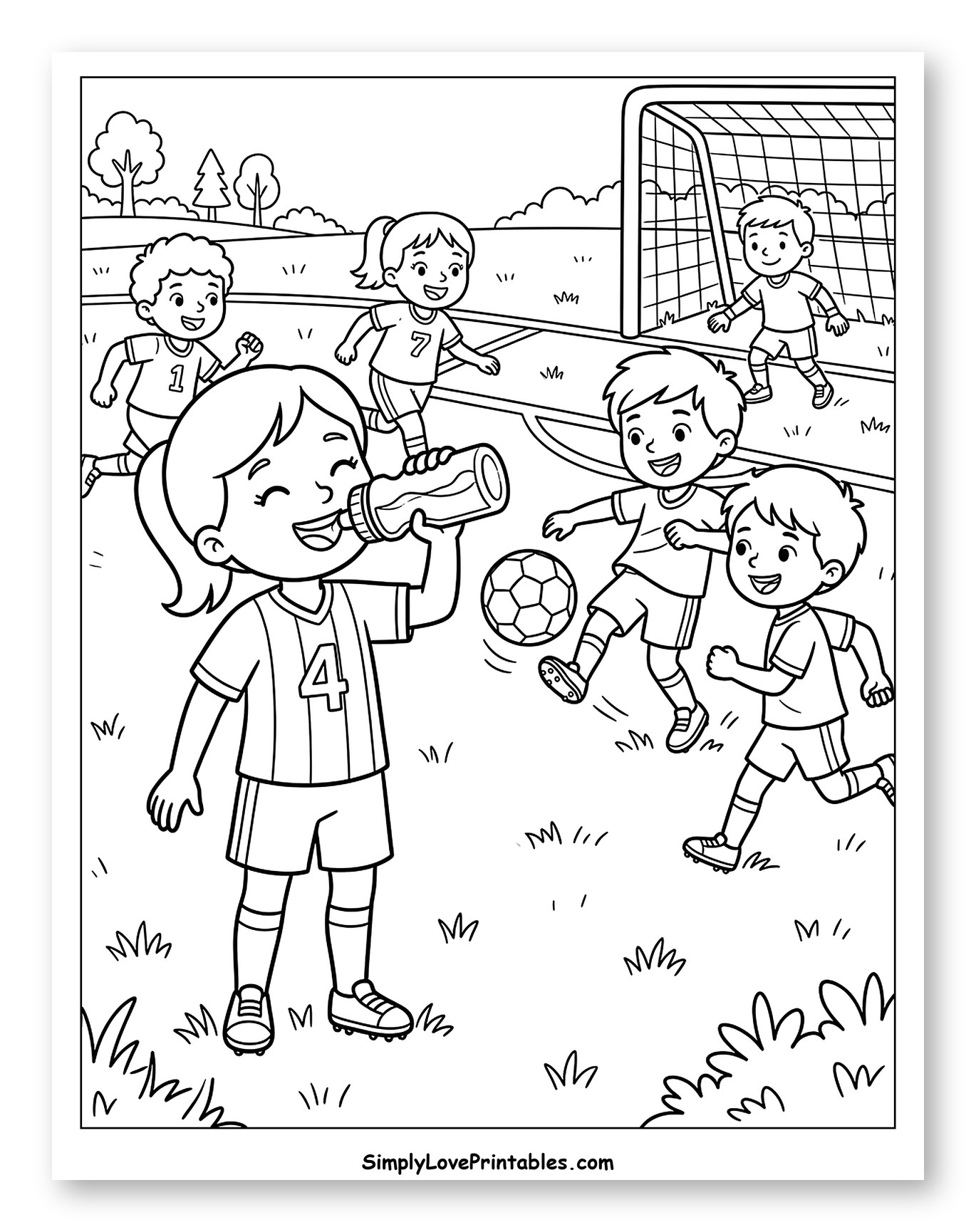Girl Drinking Water During Soccer Game Coloring Sheet for Kids