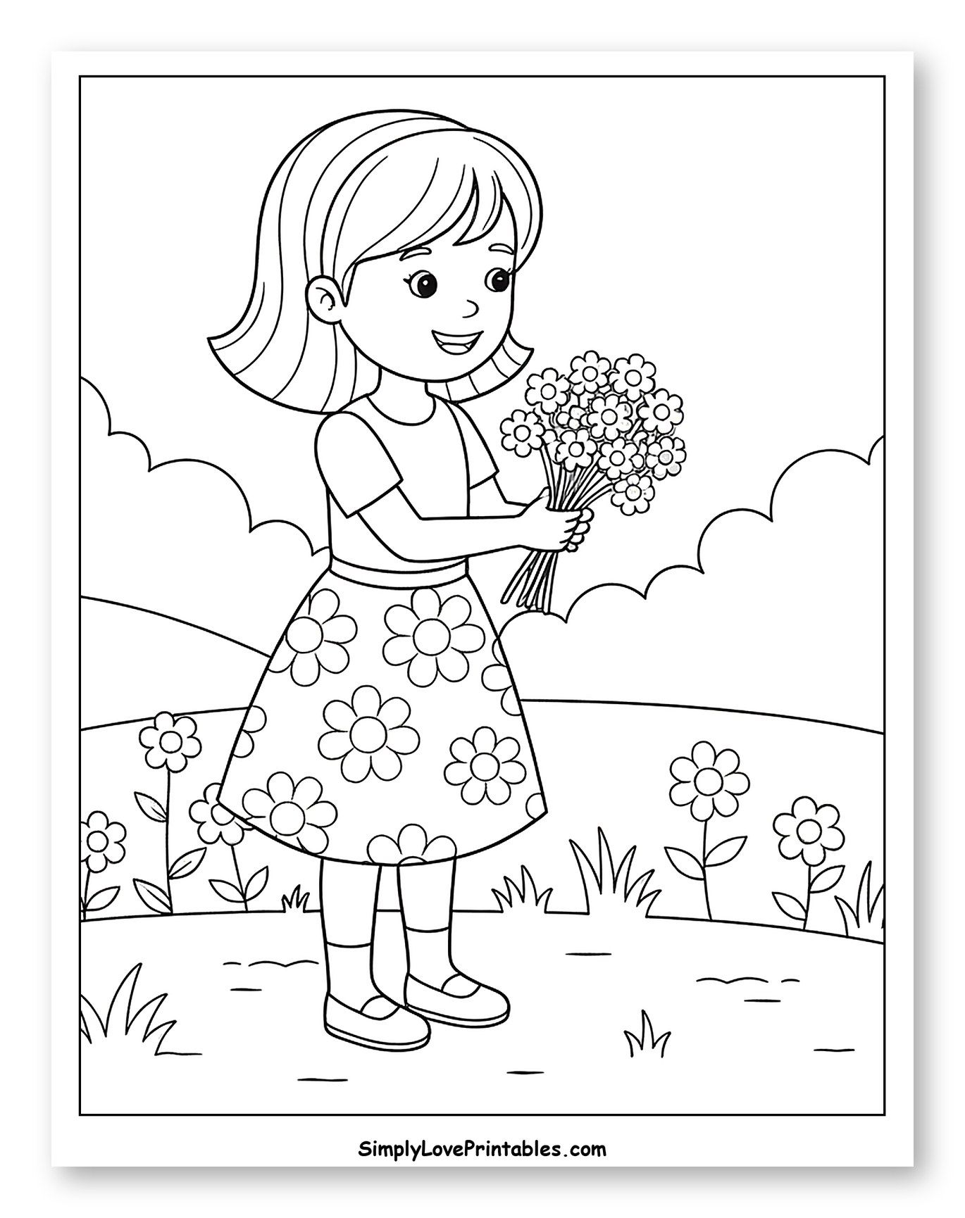Girl in Flower Skirt Holding Flowers Coloring Page for Kids