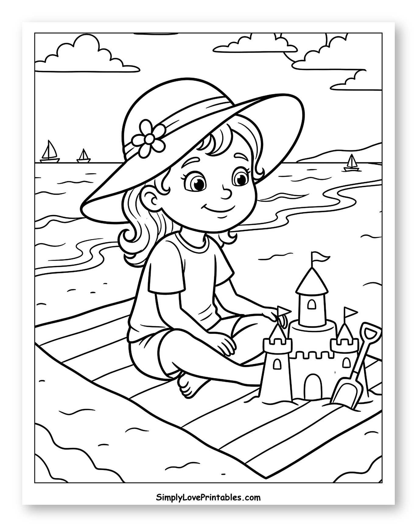 Girl in Hat Building Sandcastles on the Beach Coloring Page for Kids