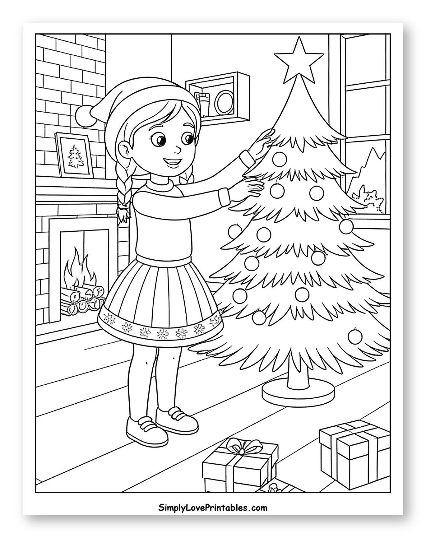 Girl in Santa Hat Decorating Christmas Tree Coloring Sheet for Kids