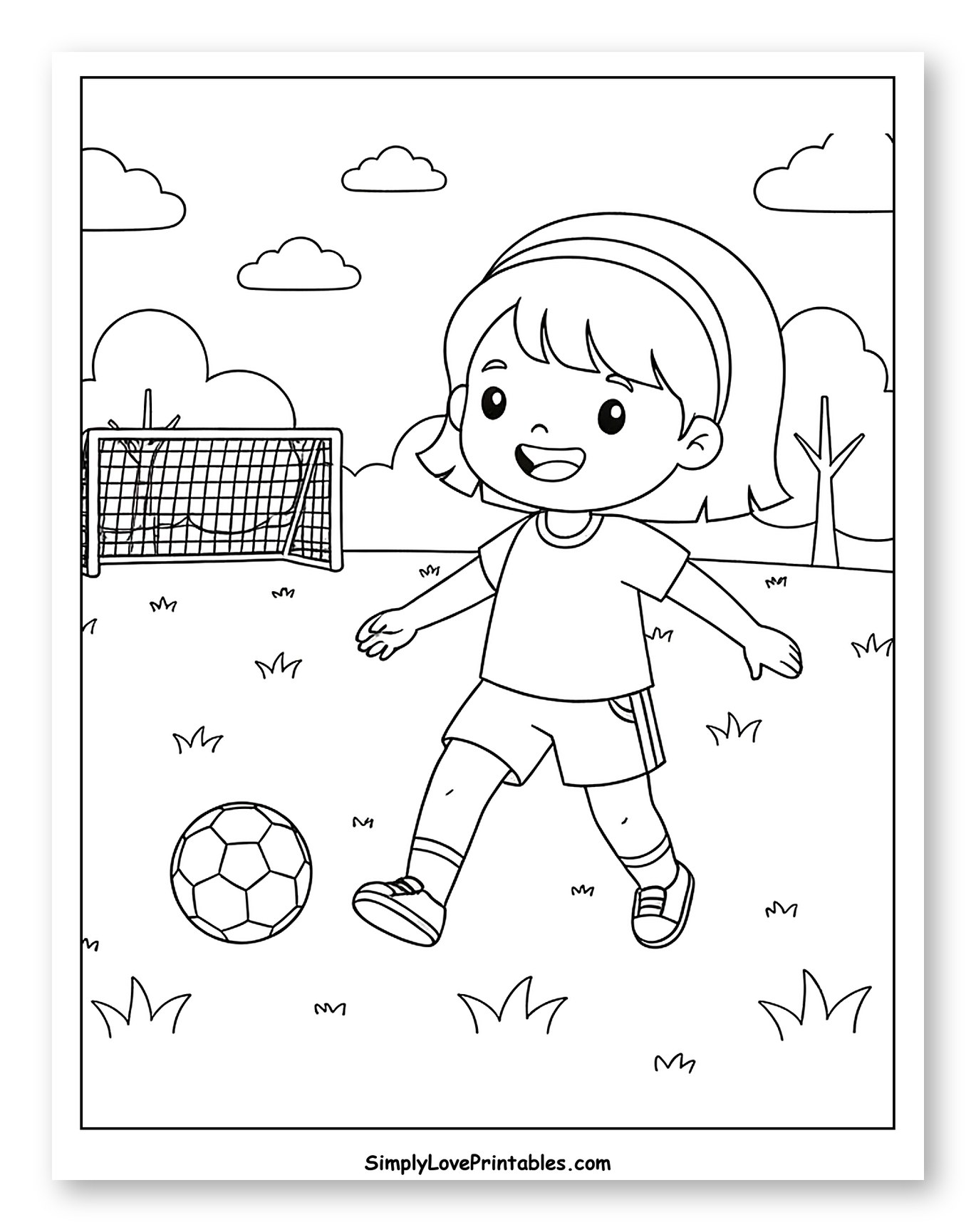 Girl Playing Soccer on a Grassy Field Coloring Sheet for Kids