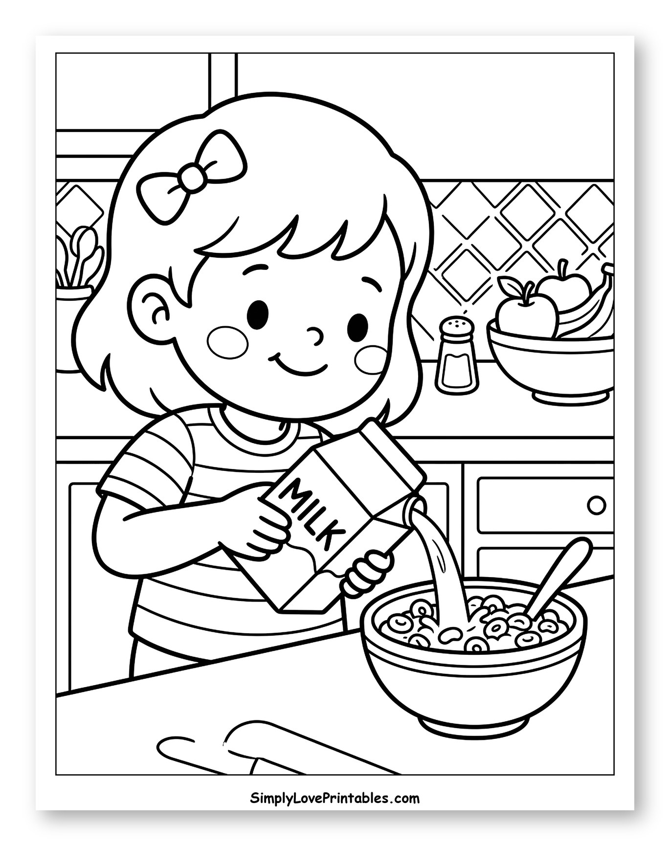 Girl Pouring Milk into Cereal Bowl Coloring Page for Kids