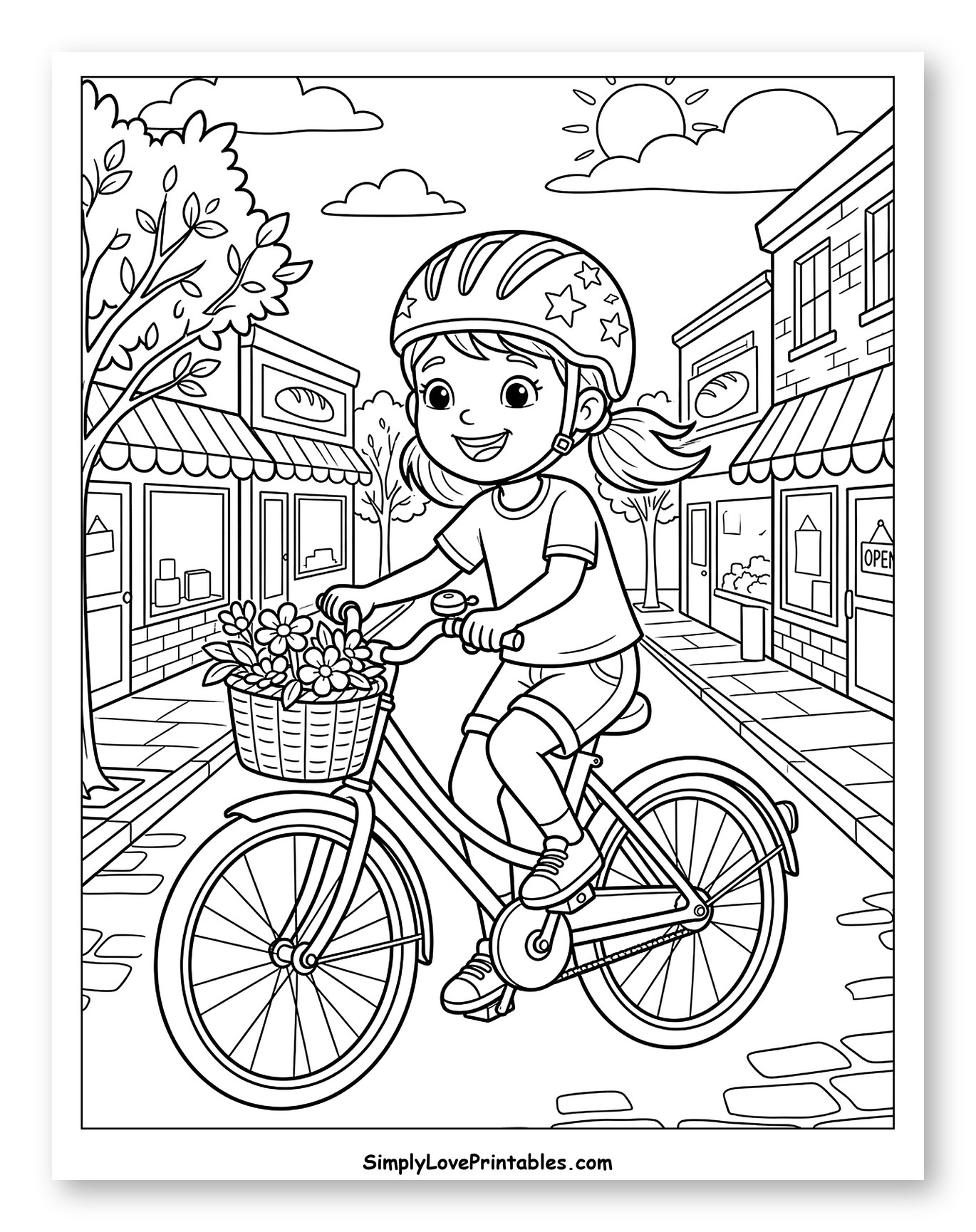 Girl Riding Bike with Flowers in Basket to Color for Kids