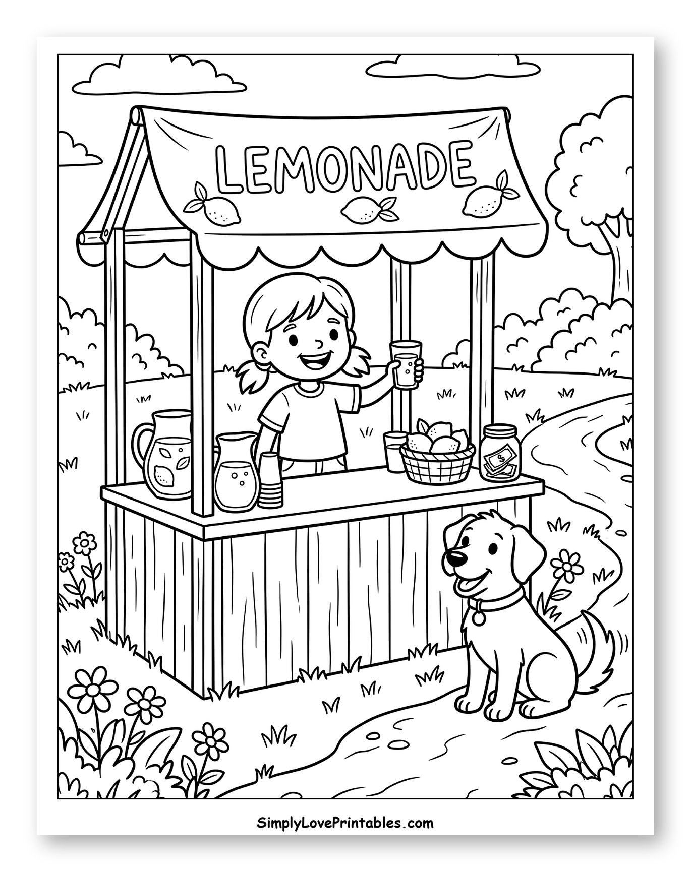 Girl Selling Lemonade with Her Dog Coloring Sheet for Kids