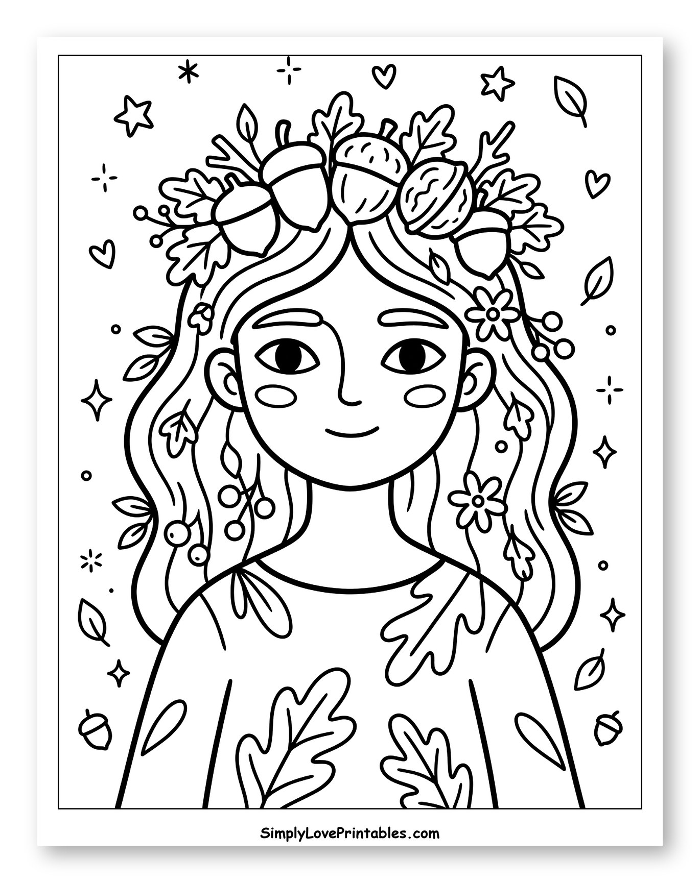 Girl with Autumn Leaves and Acorns in Hair