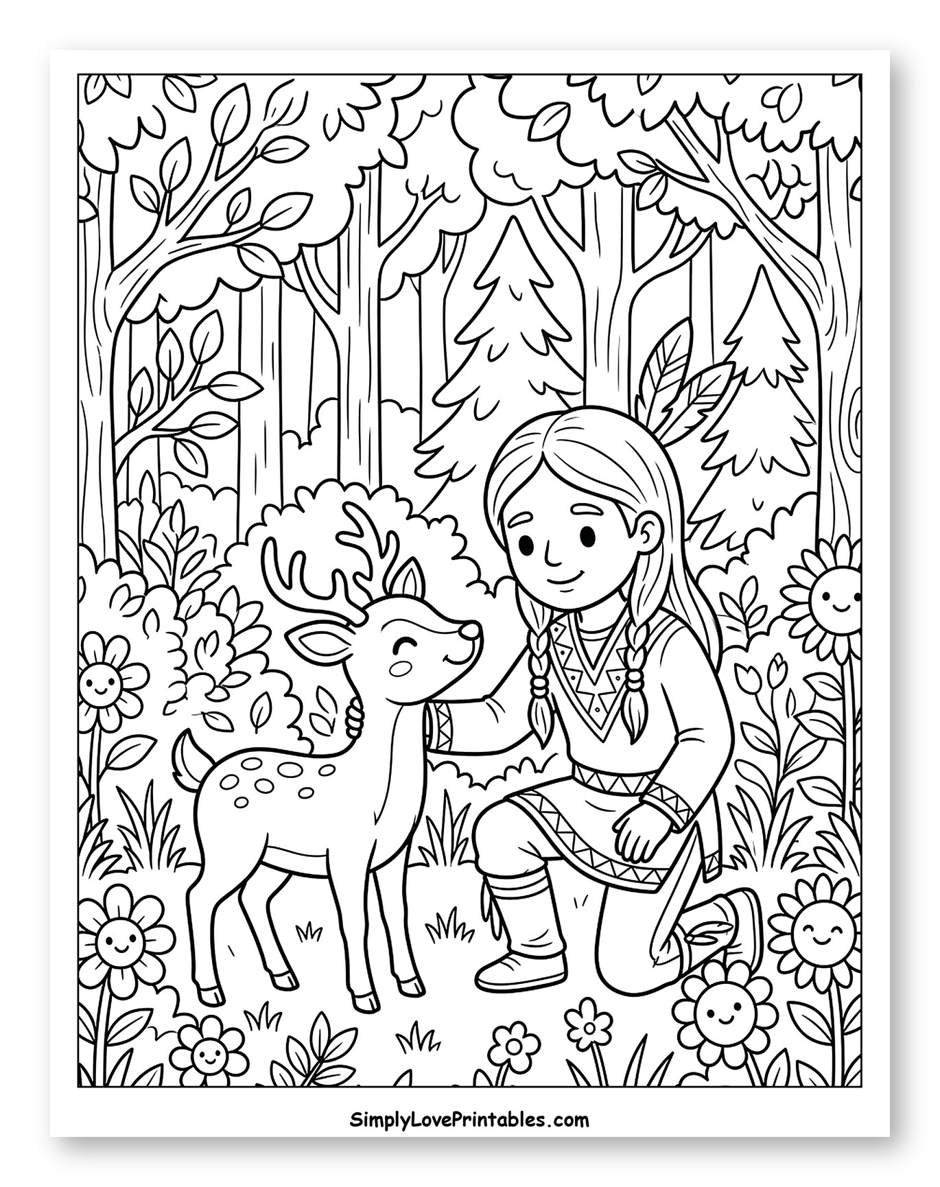 Girl with Braids Petting a Deer in Forest