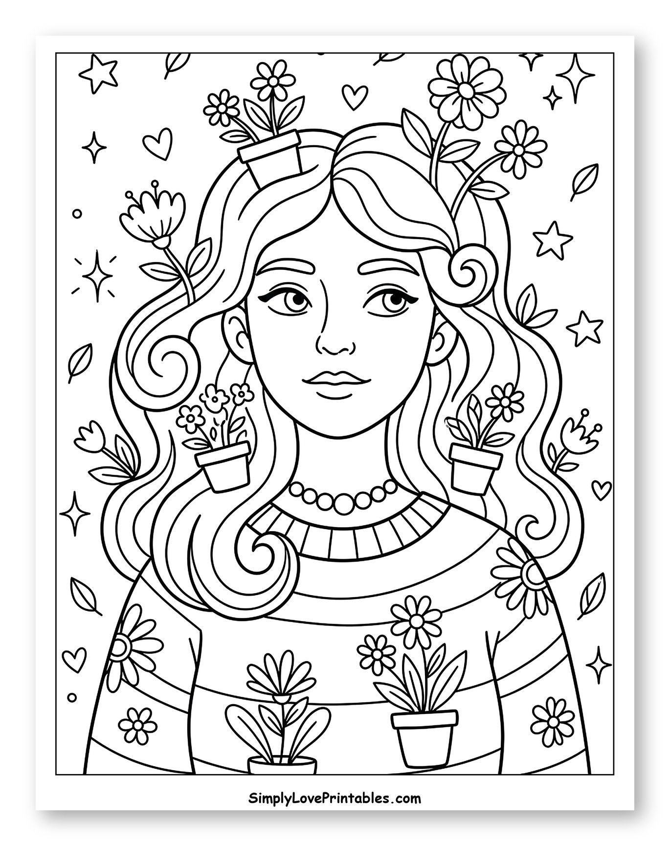 Girl with Flowered Hair and Potted Plants