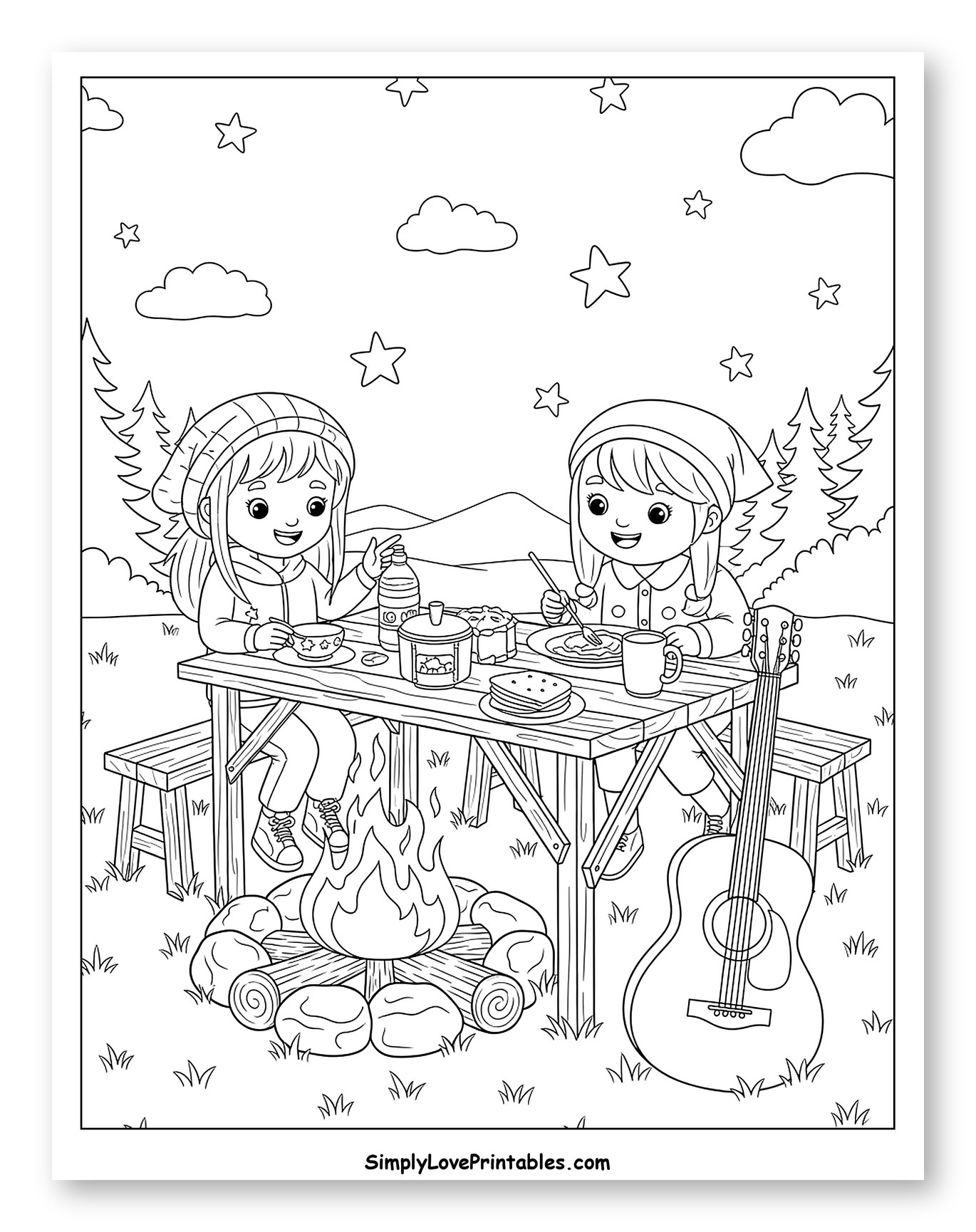 Girls Enjoying Campfire Meal Under Starry Sky Coloring Page for Kids