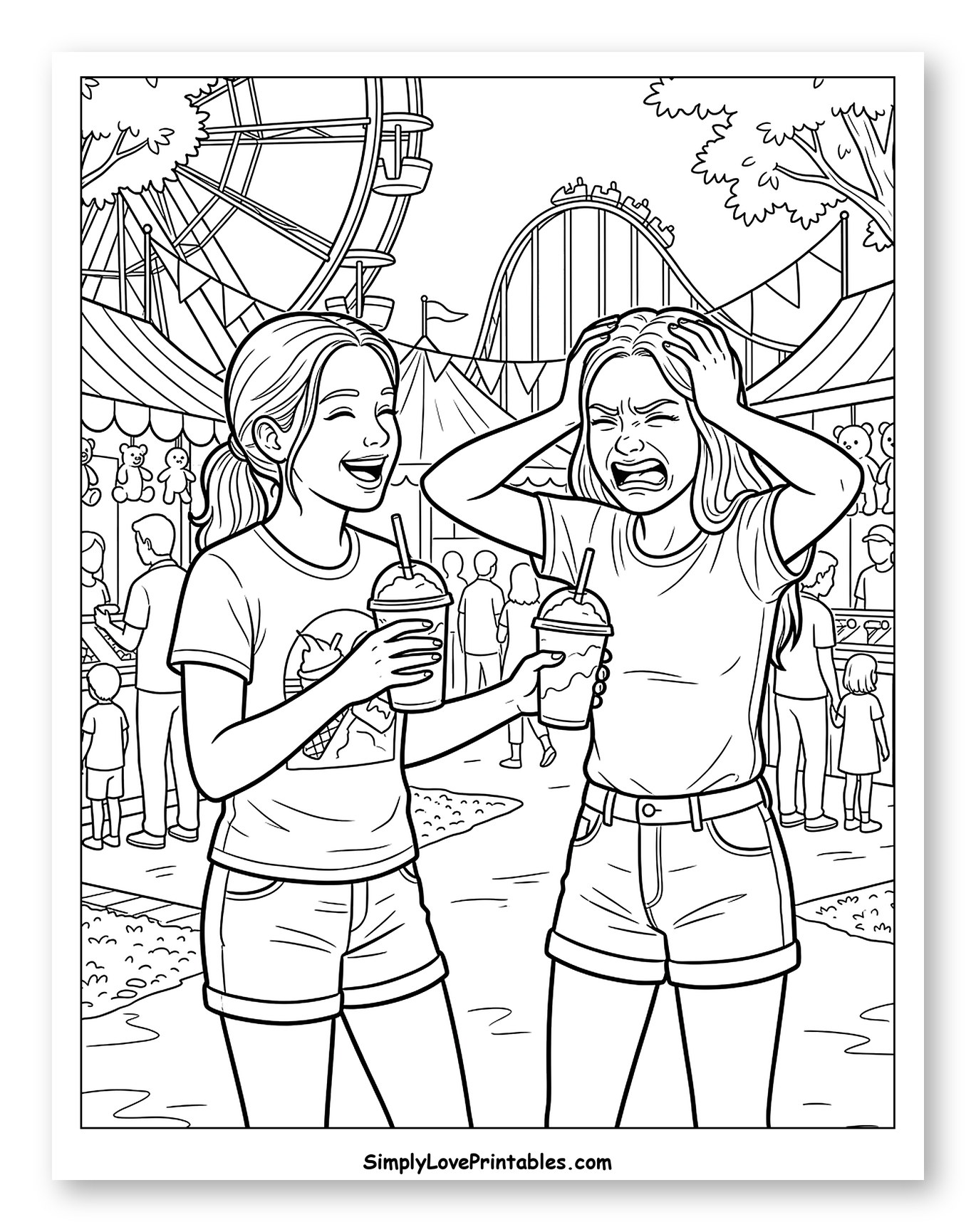 Girls Enjoying Slushies at a Busy Fairground to Color