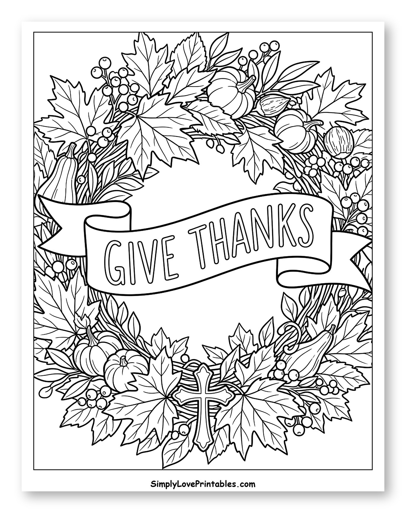 Give Thanks Autumn Wreath with Pumpkins and Cross