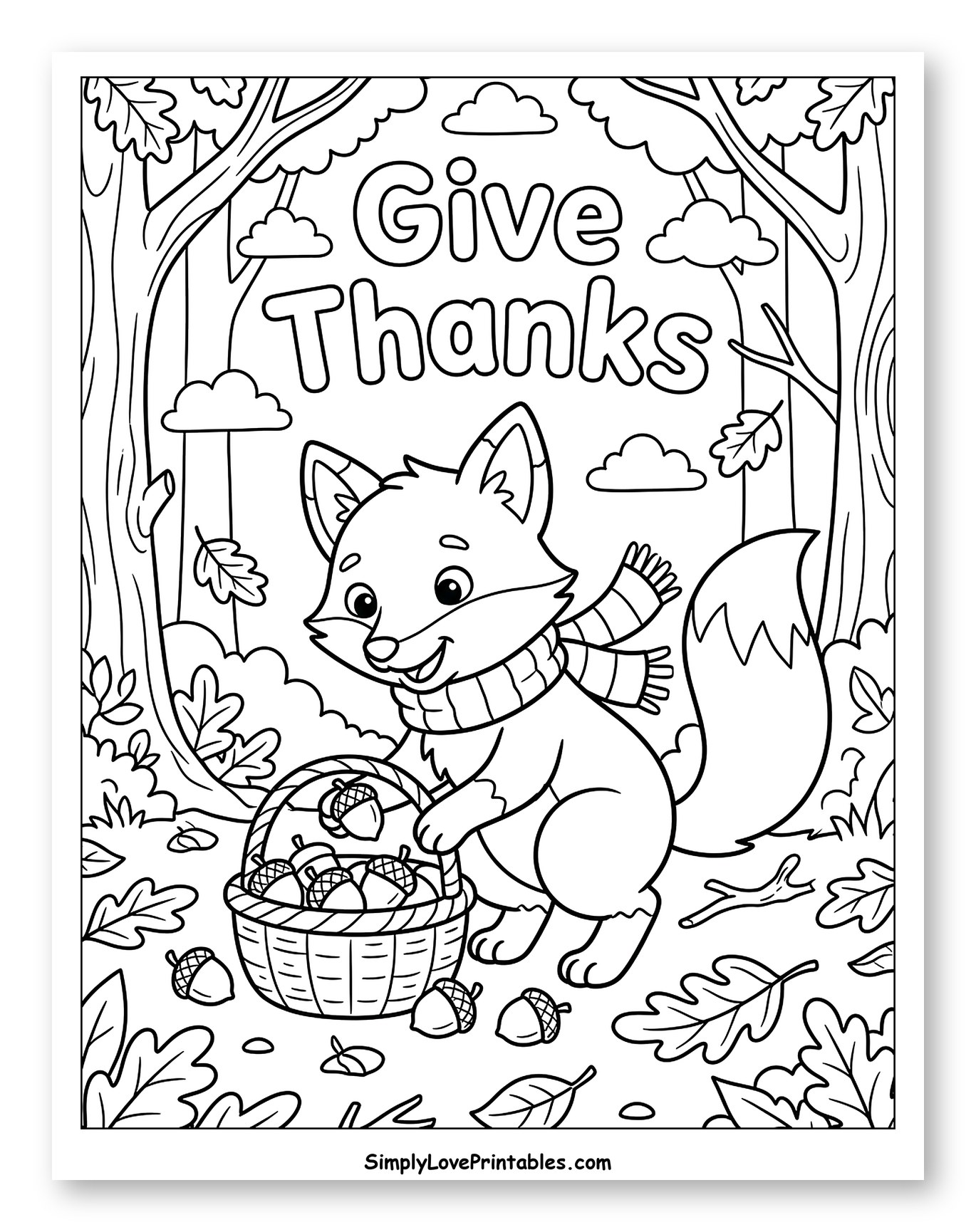Give Thanks Fox Gathering Acorns in Autumn Coloring Sheet for Kids