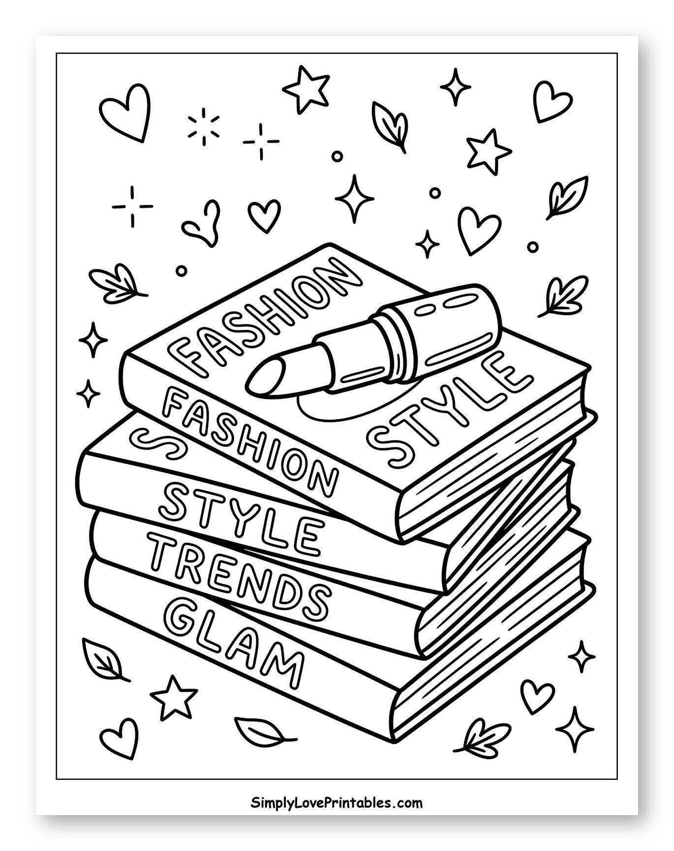 Glamorous Fashion Books with Lipstick and Sparkles Coloring Page for Adults