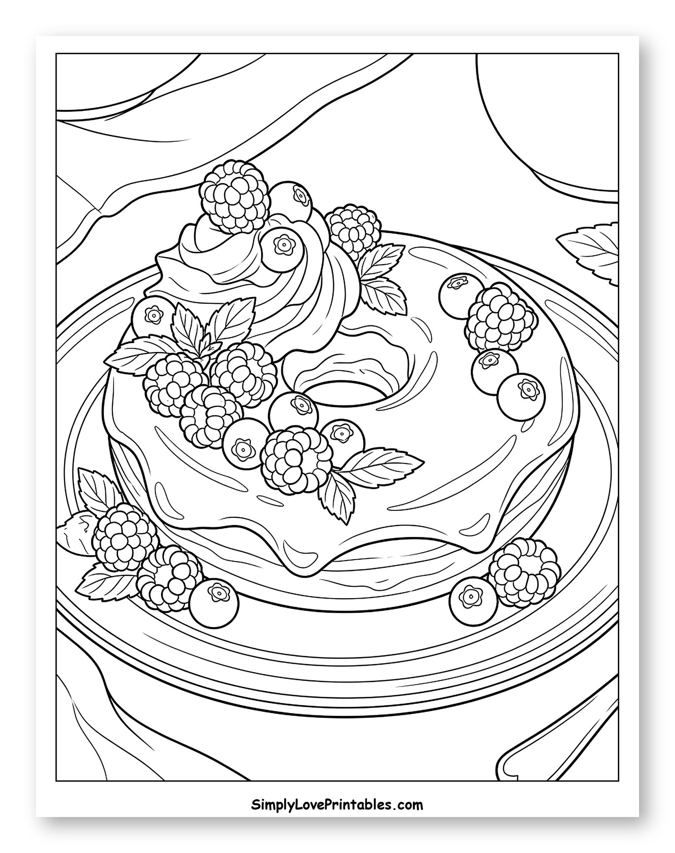 Glazed Donut Topped with Berries and Whipped Cream Coloring Page