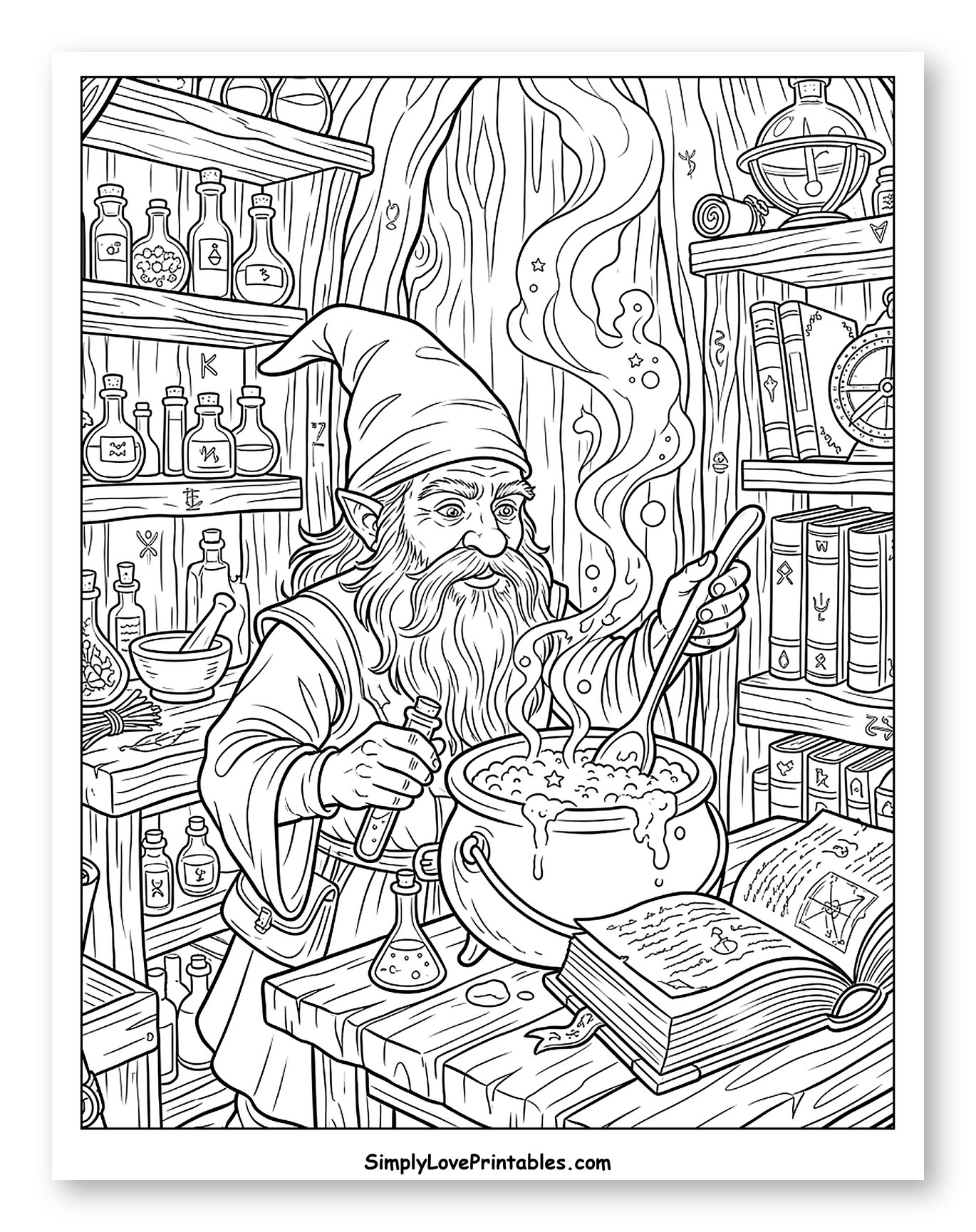 Gnome Alchemist Brewing Potion in Magical Lab Coloring Sheet