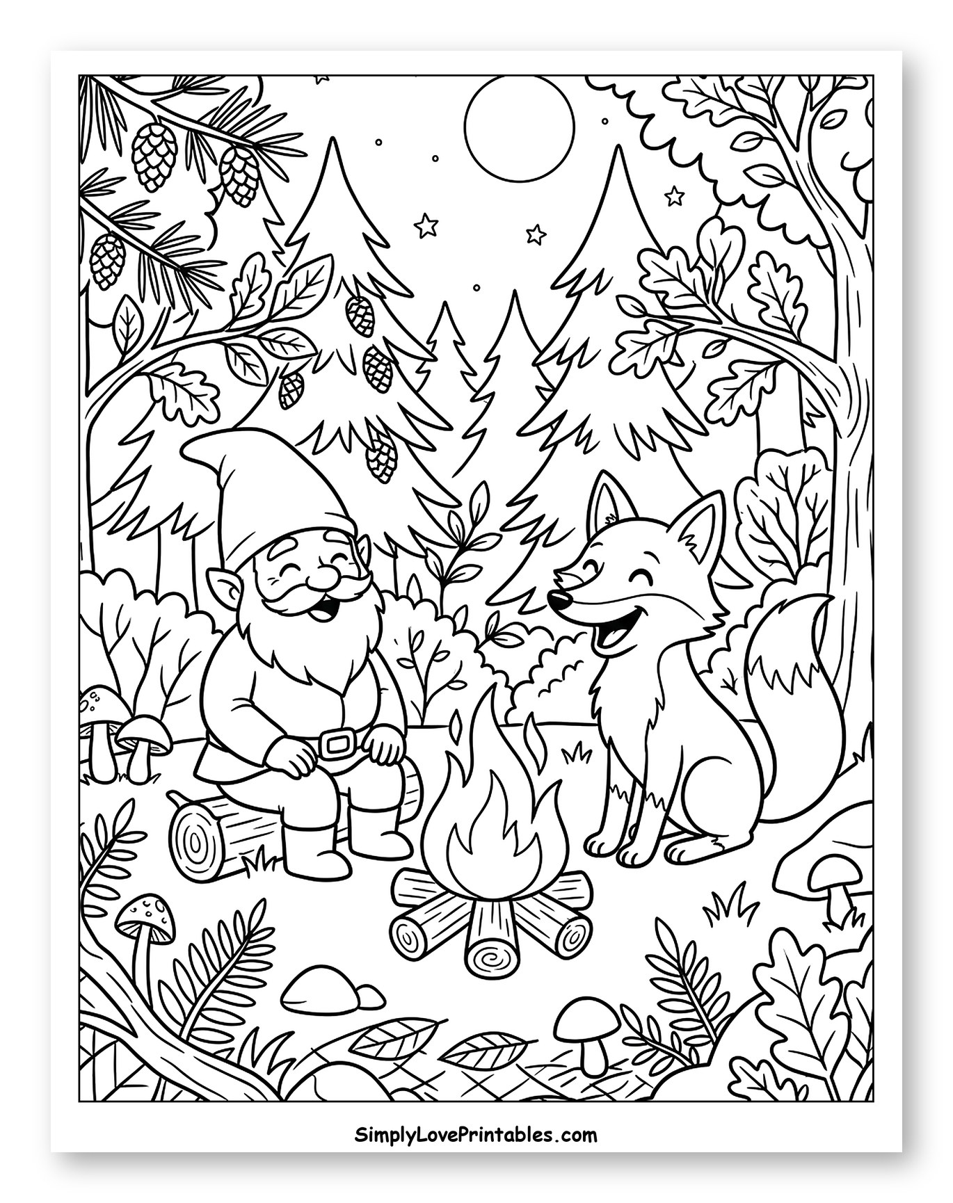Gnome and Fox Enjoying a Campfire