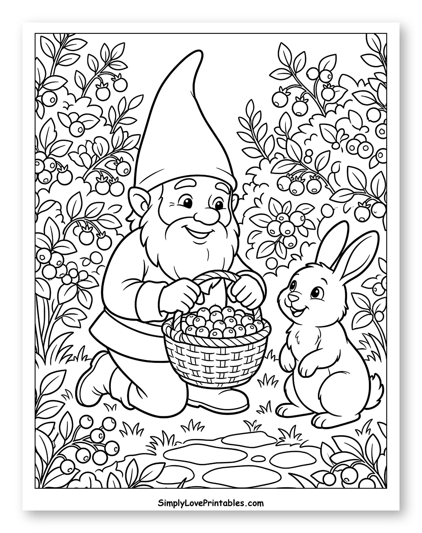 Gnome and Rabbit Collecting Blueberries