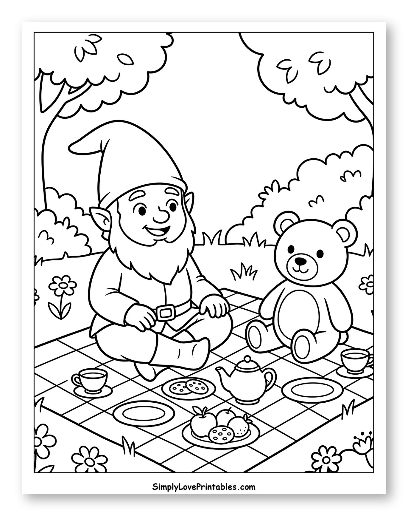 Gnome and Teddy Bear Picnic in a Forest Coloring Sheet for Kids