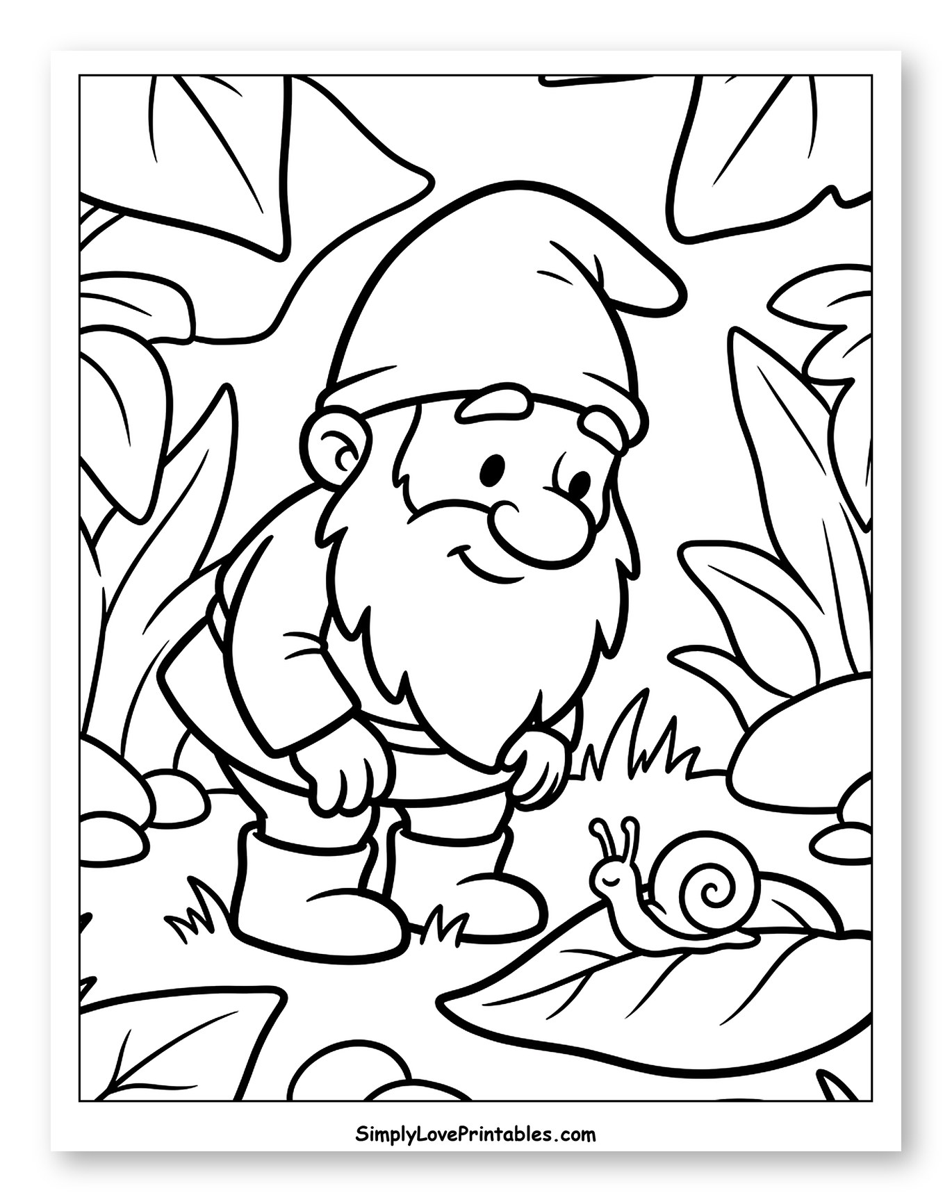 Gnome Bending Down to Look at a Snail Coloring Page for Toddlers