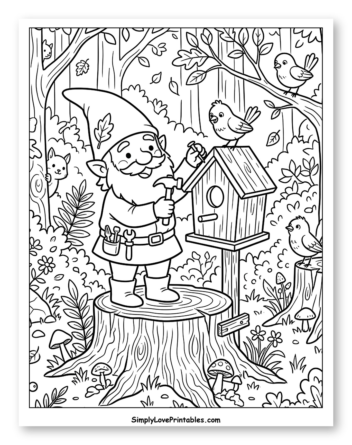 Gnome Building Birdhouse in Woodland Forest Coloring Page for Kids