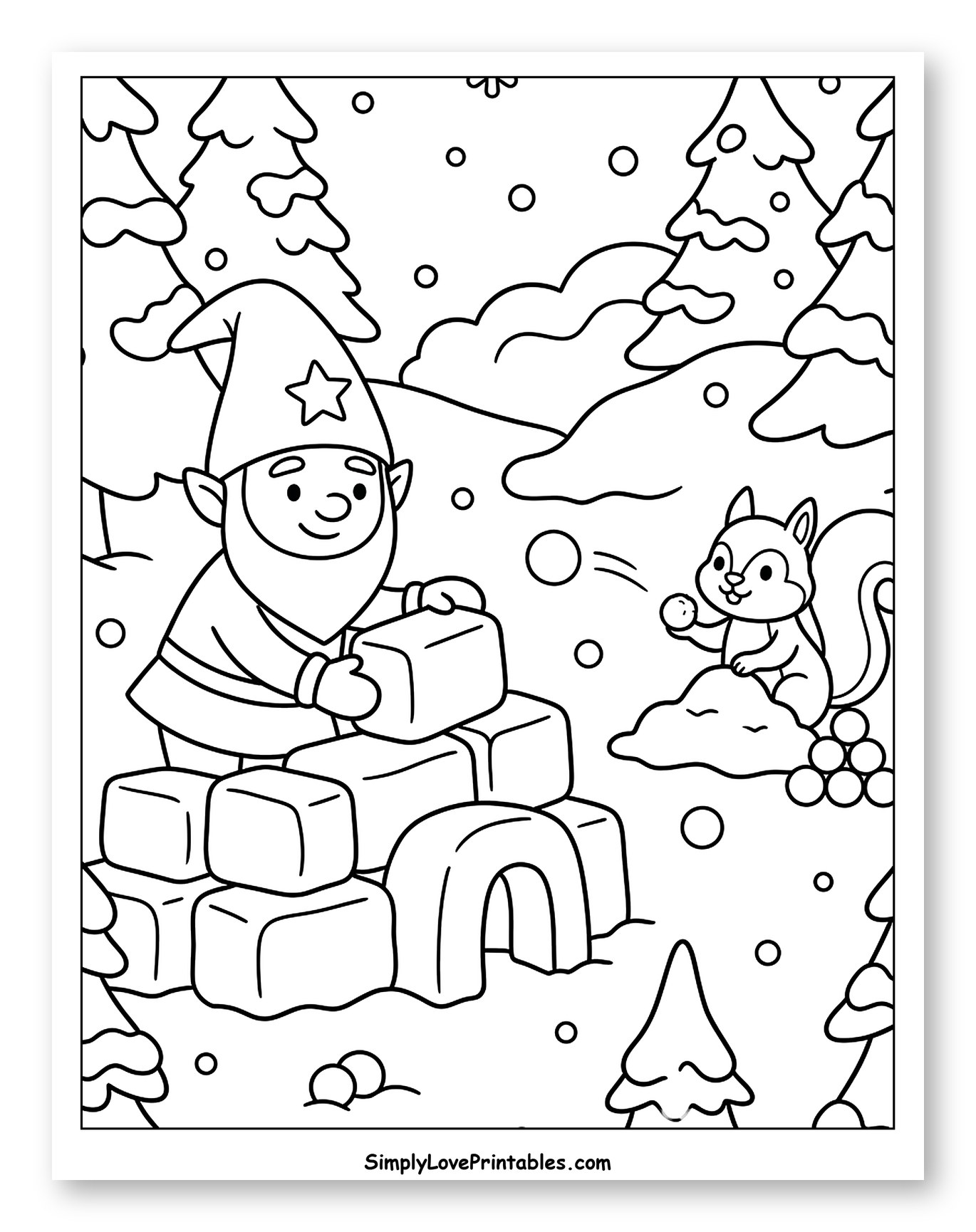 Gnome Building Igloo and Squirrel in Snowy Forest Coloring Page for Kids
