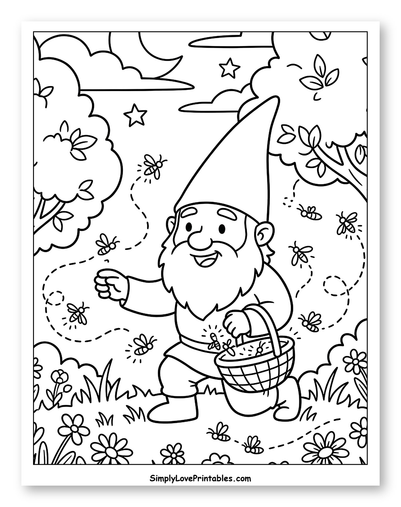 Gnome Catching Fireflies at Night to Color for Kids