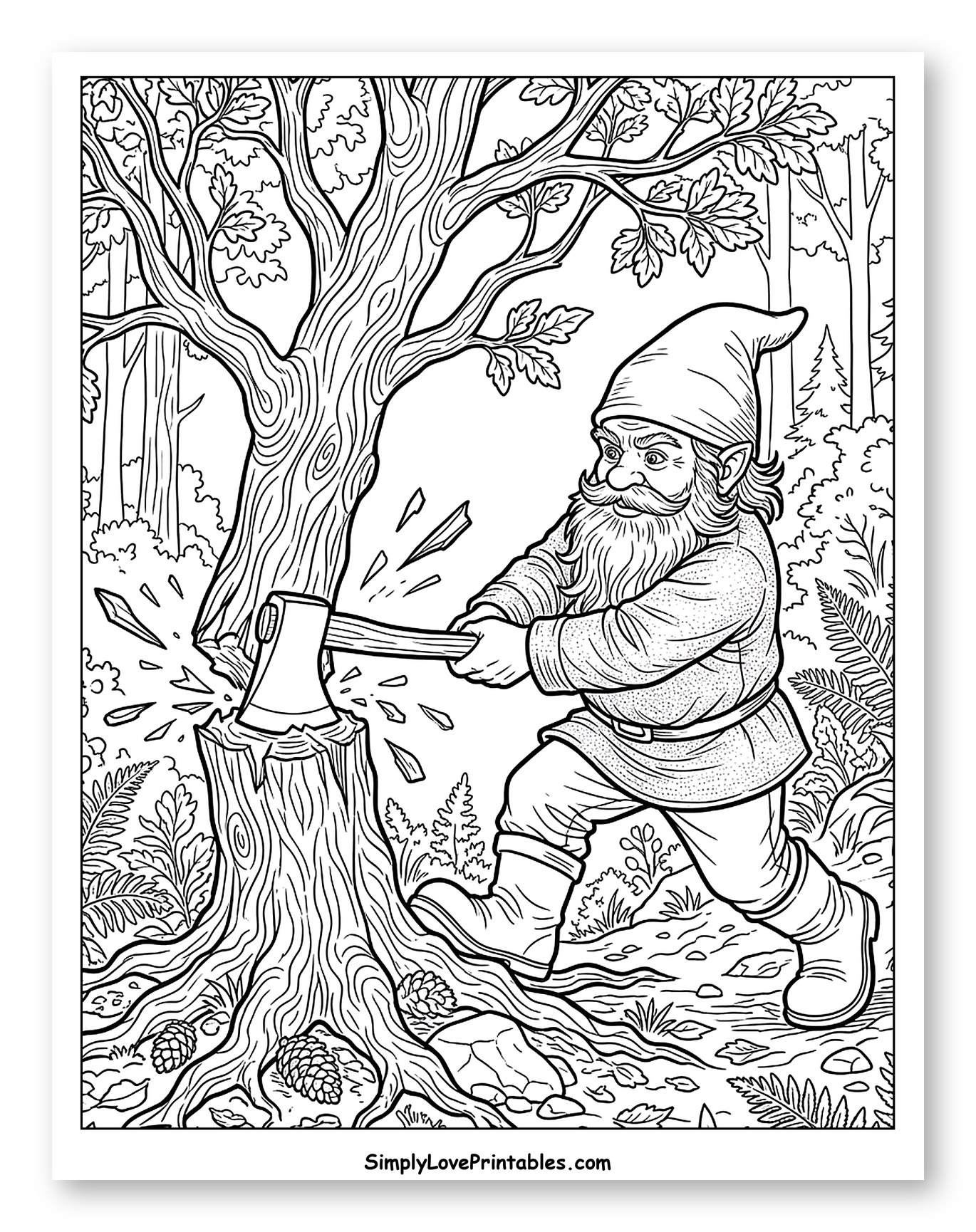 Gnome Chopping a Tree in the Forest