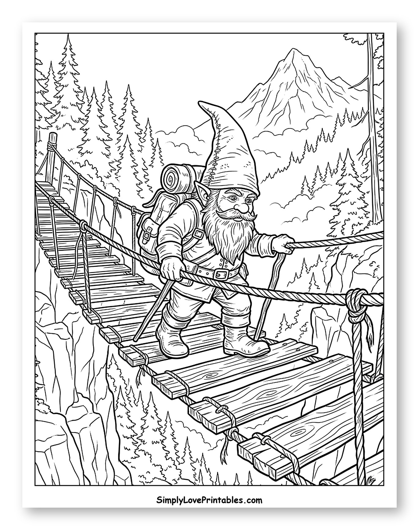Gnome Crossing a Rope Bridge in Mountains