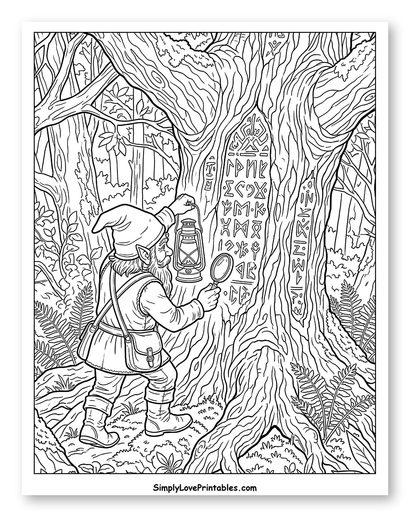 Gnome Discovering Runes in the Forest Coloring Sheet