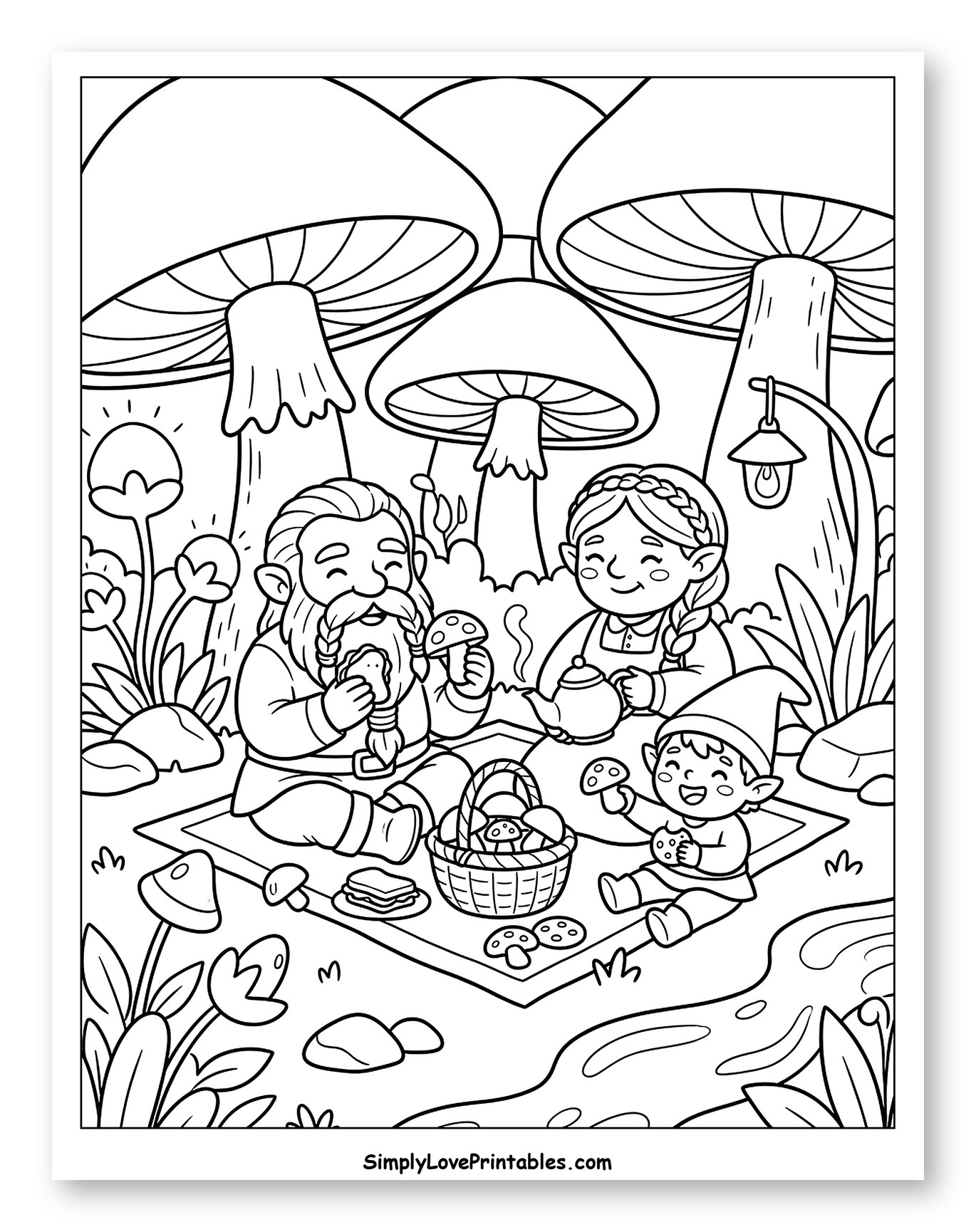 Gnome Family Picnic Under Giant Mushrooms Coloring Sheet for Kids
