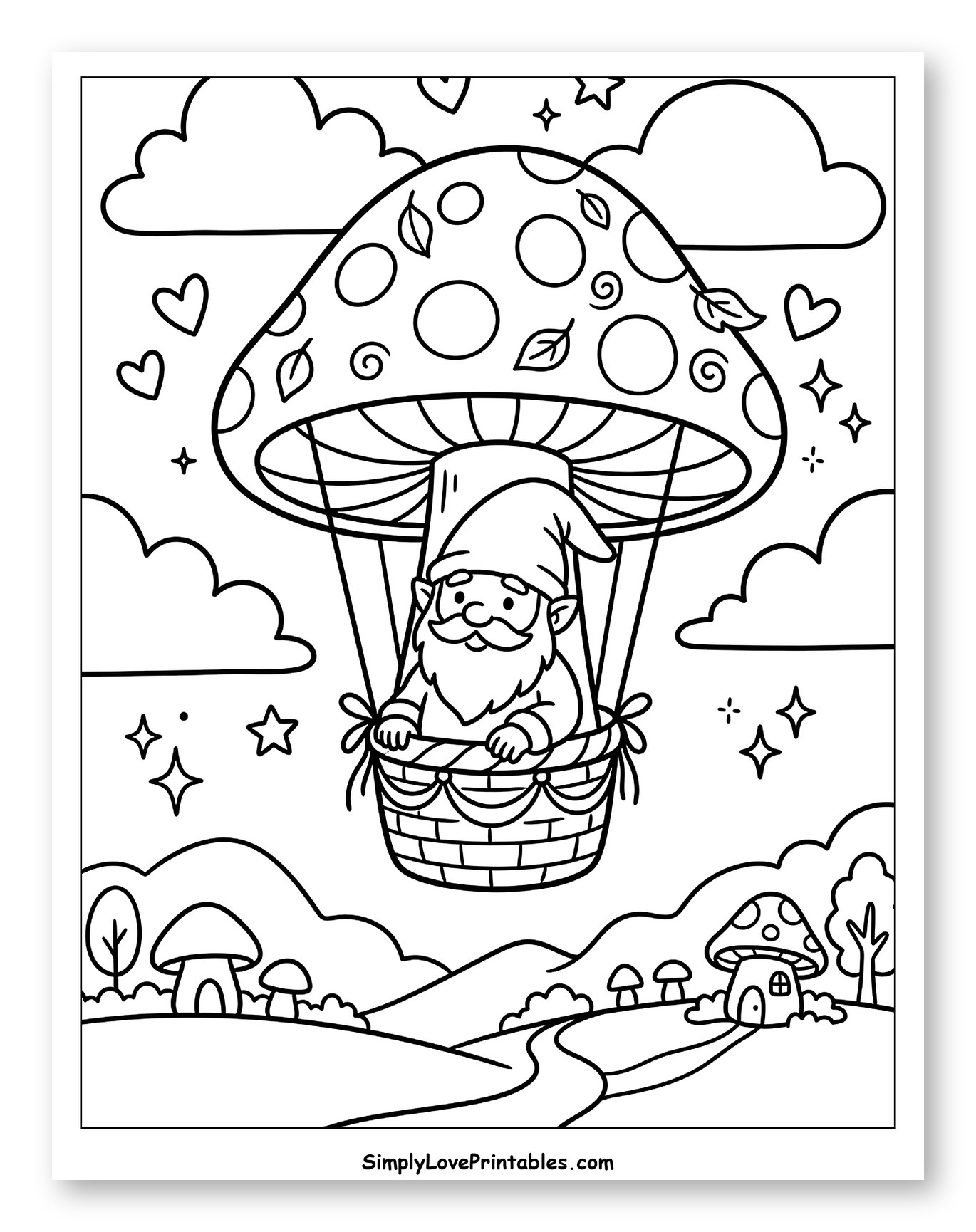 Gnome Flying in Mushroom Hot Air Balloon Coloring Sheet for Adults