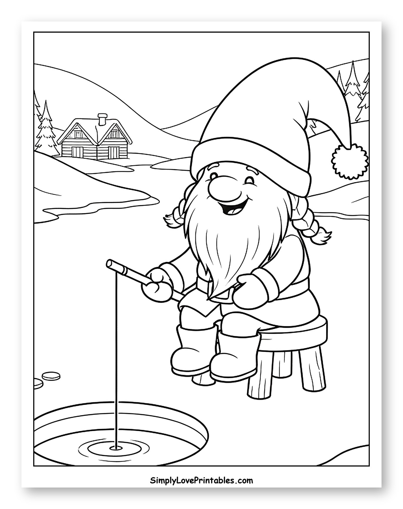 Gnome Ice Fishing in Winter Landscape