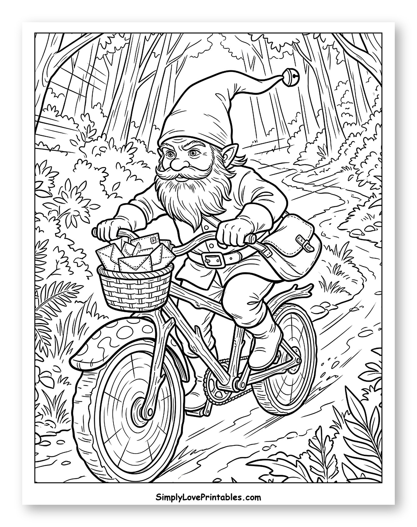 Gnome Mailman Riding Bike in Forest Path