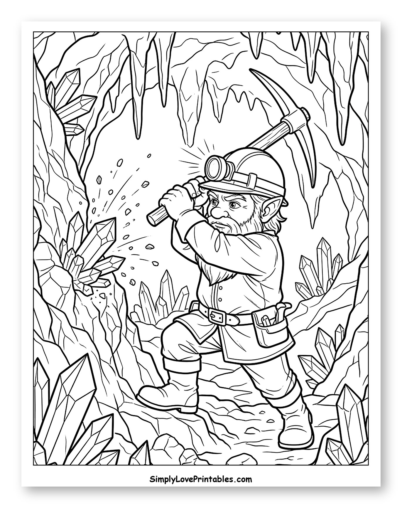 Gnome Mining Crystals in a Cave to Color