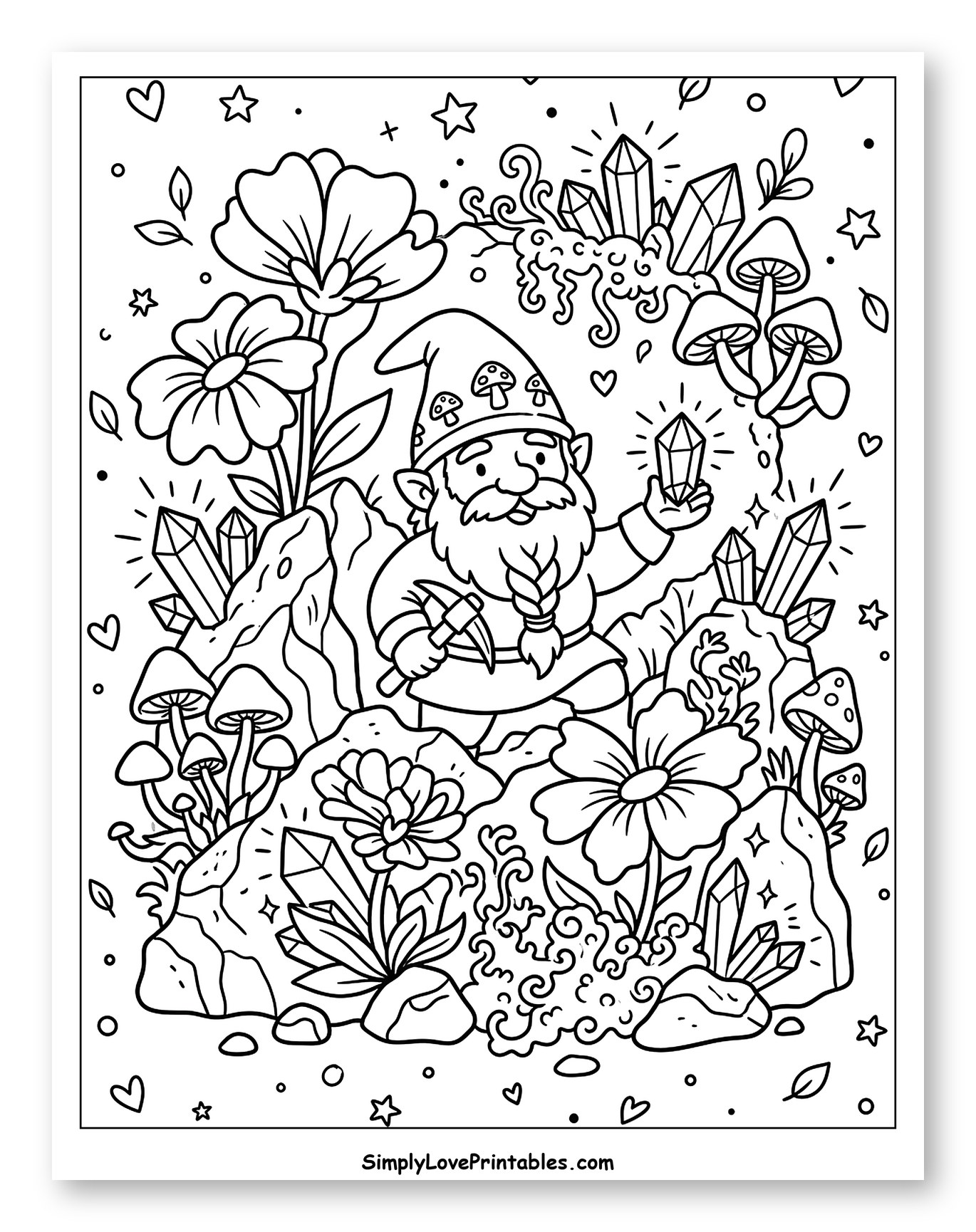 Gnome Mining Crystals in a Whimsical Garden Coloring Page for Adults
