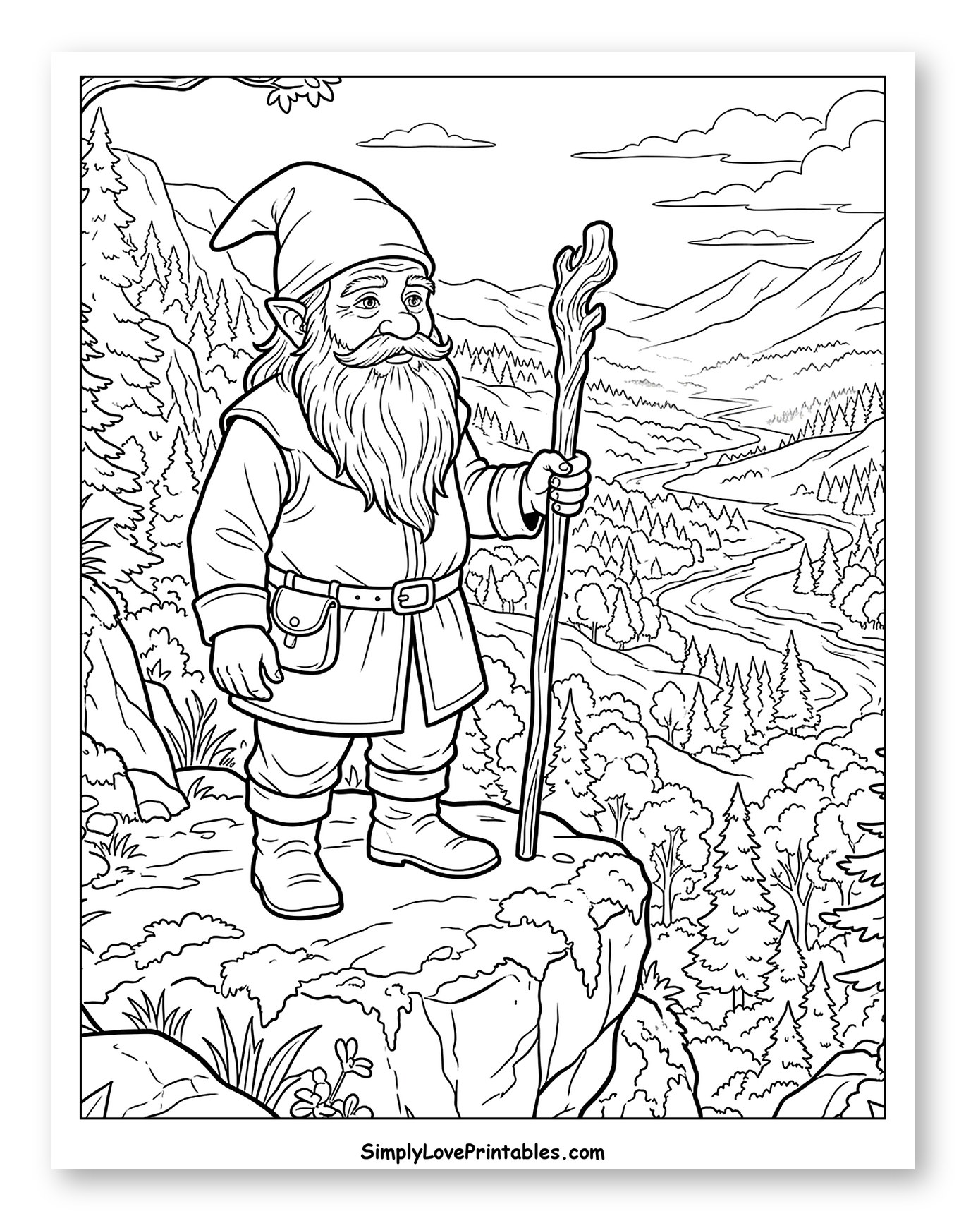 Gnome Overlooking a Scenic Mountain Valley Coloring Page