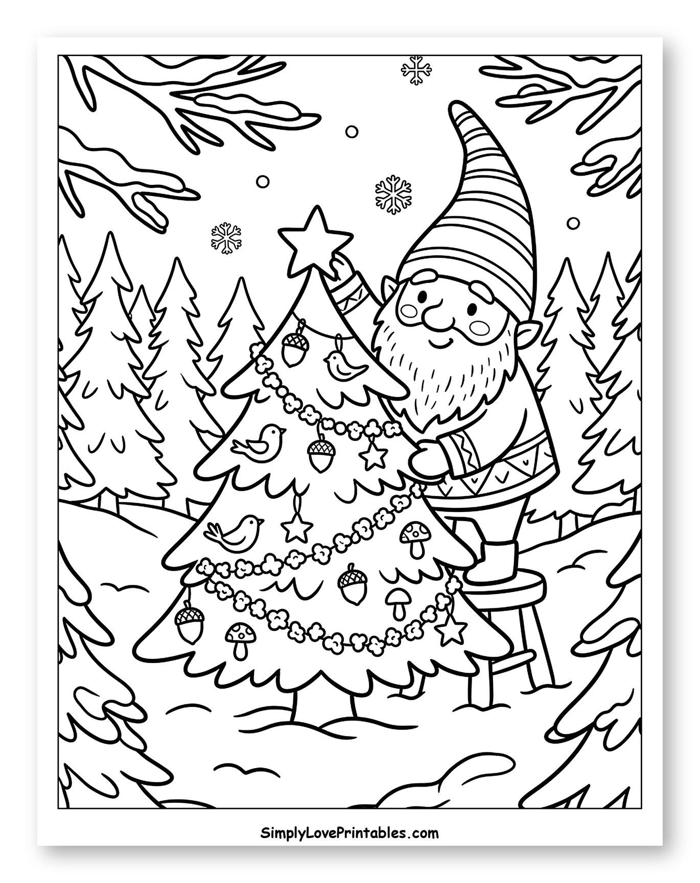 Gnome Placing Star on Christmas Tree to Color for Kids